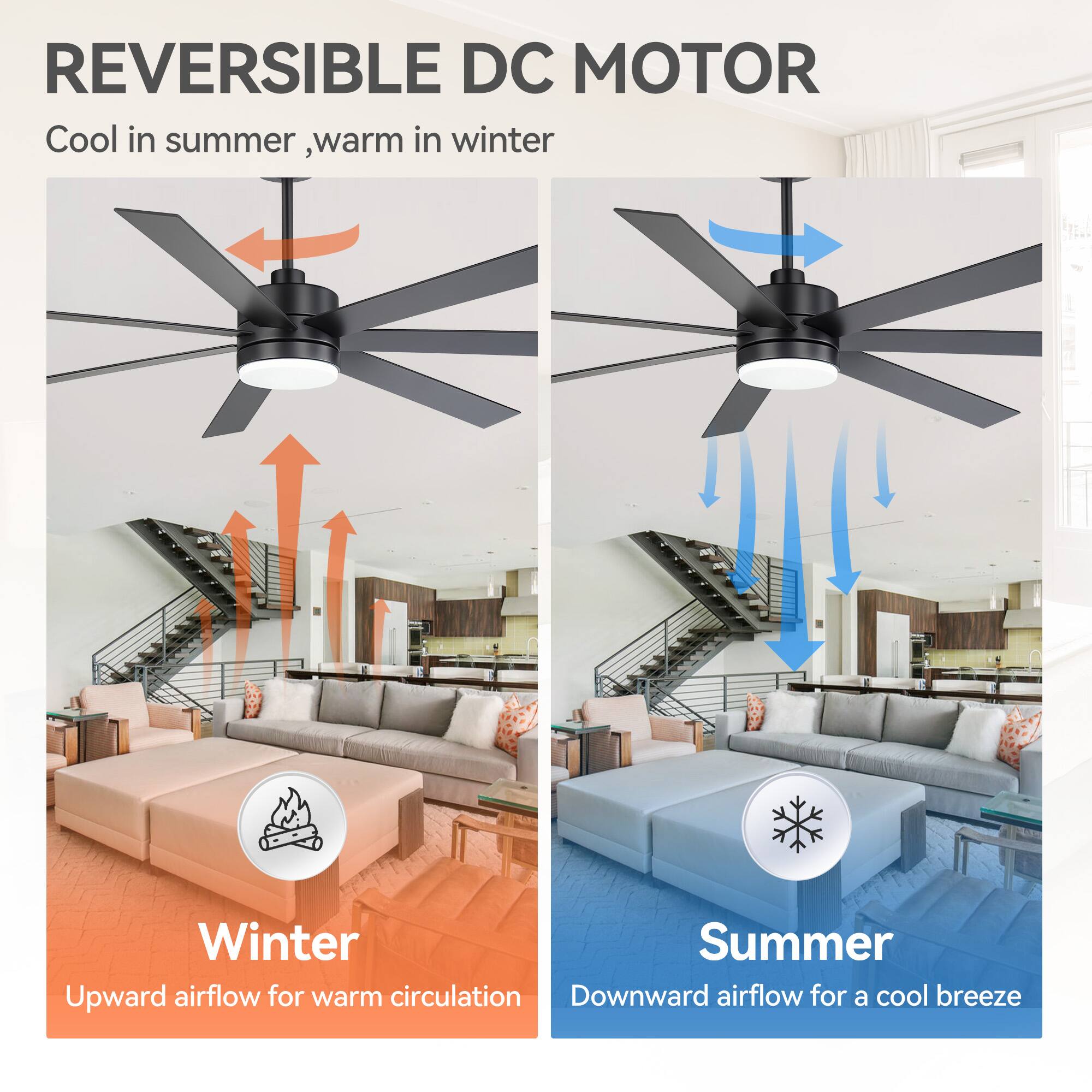 REVERSIBLE DC MOTOR  
Cool in summer, warm in winter  

Winter  
Upward airflow for warm circulation  

Summer  
Downward airflow for a cool breeze