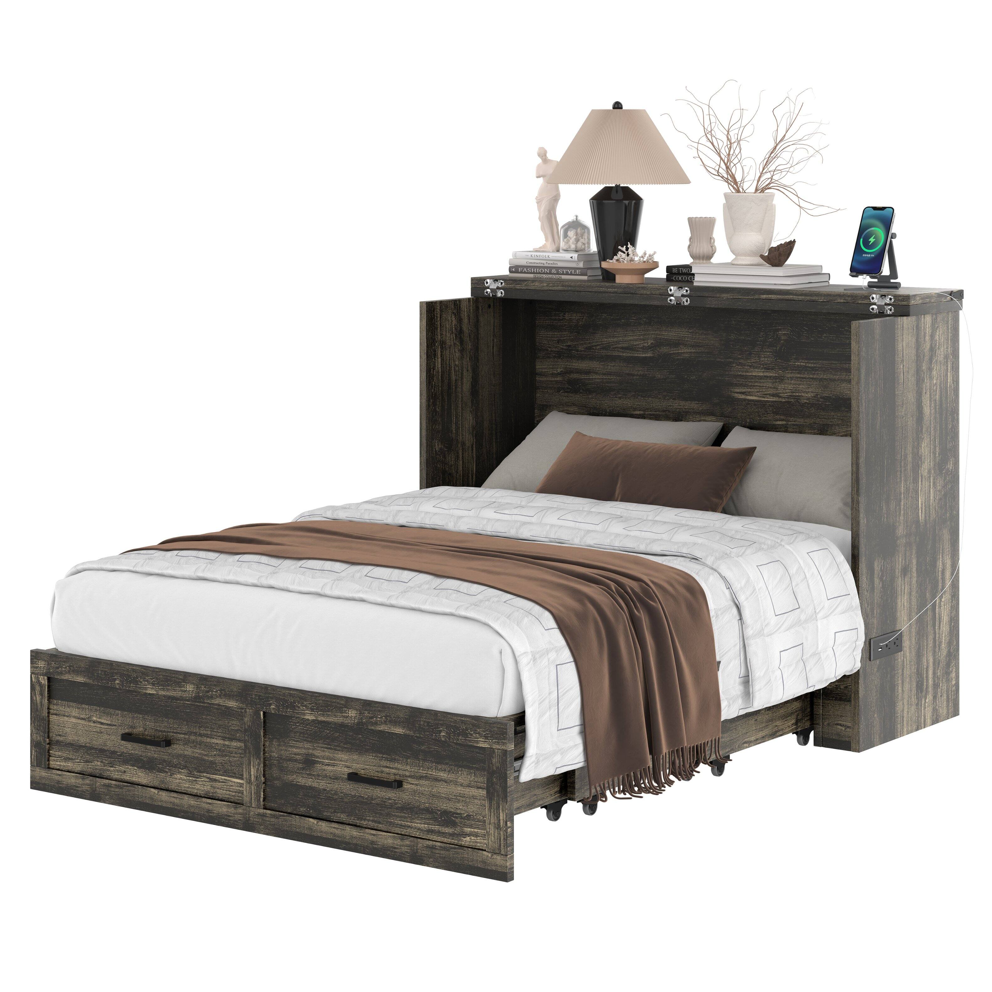 Alt View 2. Tiramisubest - Full Size Murphy Bed with Charging Station, Multi-Functional Foldable Platform Bed with 1 Storage Drawer, Rustic Gray - Gray.