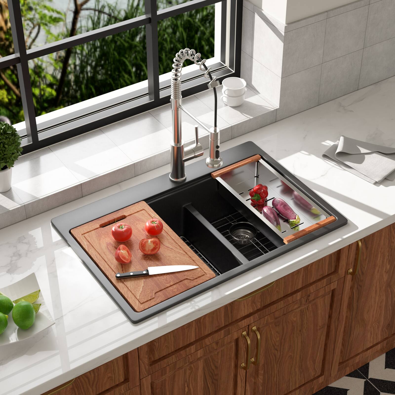 Alt View 6. Lordear - 33x22x10 Inch Black Granite Composite Workstation kitchen Sink Low Divide 60/40 Double Bowl Quartz Drop In Kitchen Sink - Black.