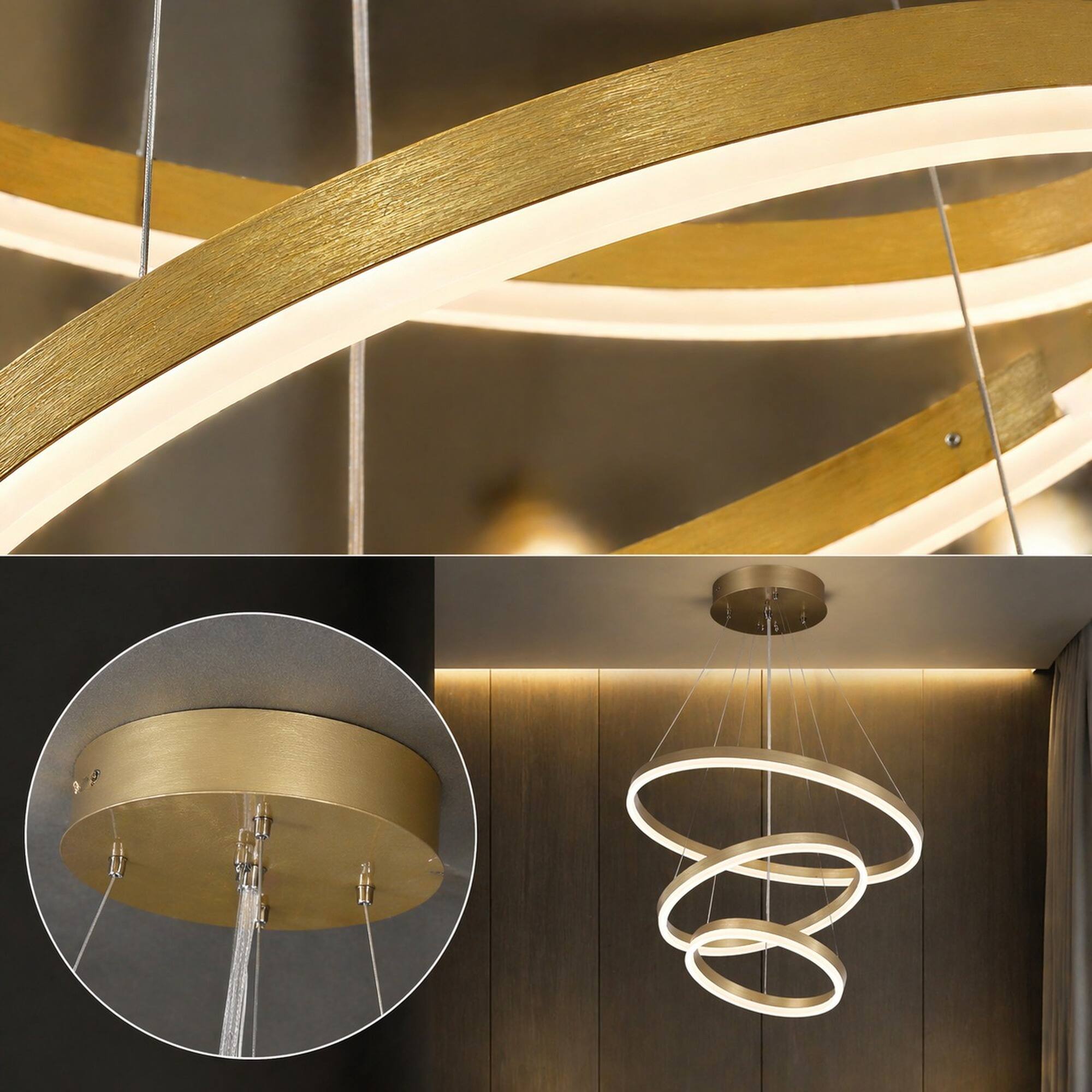 Alt View 1. RYHNUYNE - Modern Gold LED Chandelier with Three Interlocking Rings, Dimmable Remote Control, Adjustable Height Pendant Light.