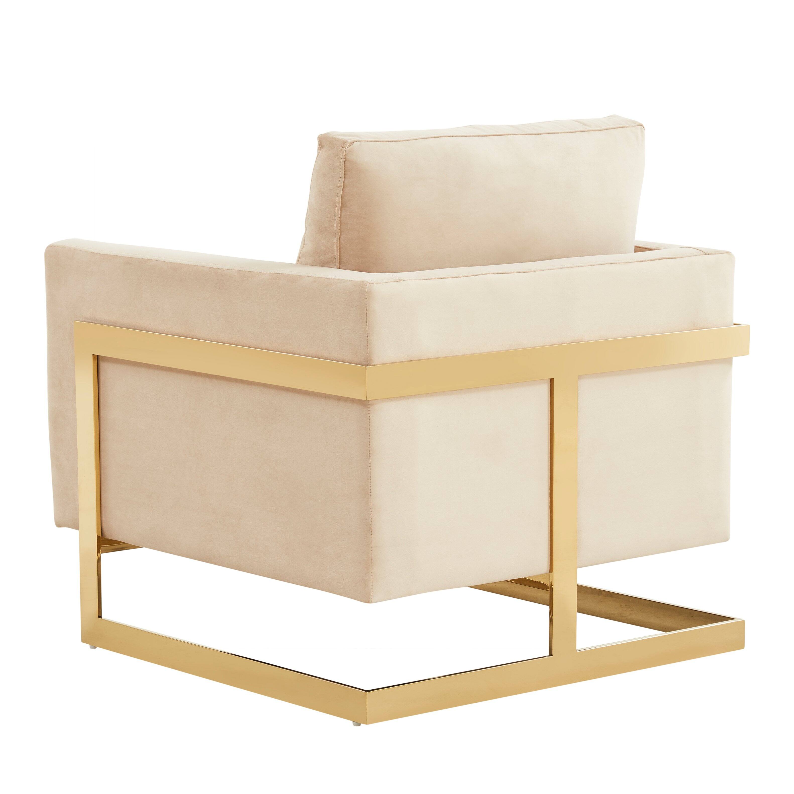 Alt View 4. LeisureMod - Lincold Modern Velvet Accent Chair, Gold Stainless Steel Sled Base Upholstered Armchair - Fully Assembled - Beige.