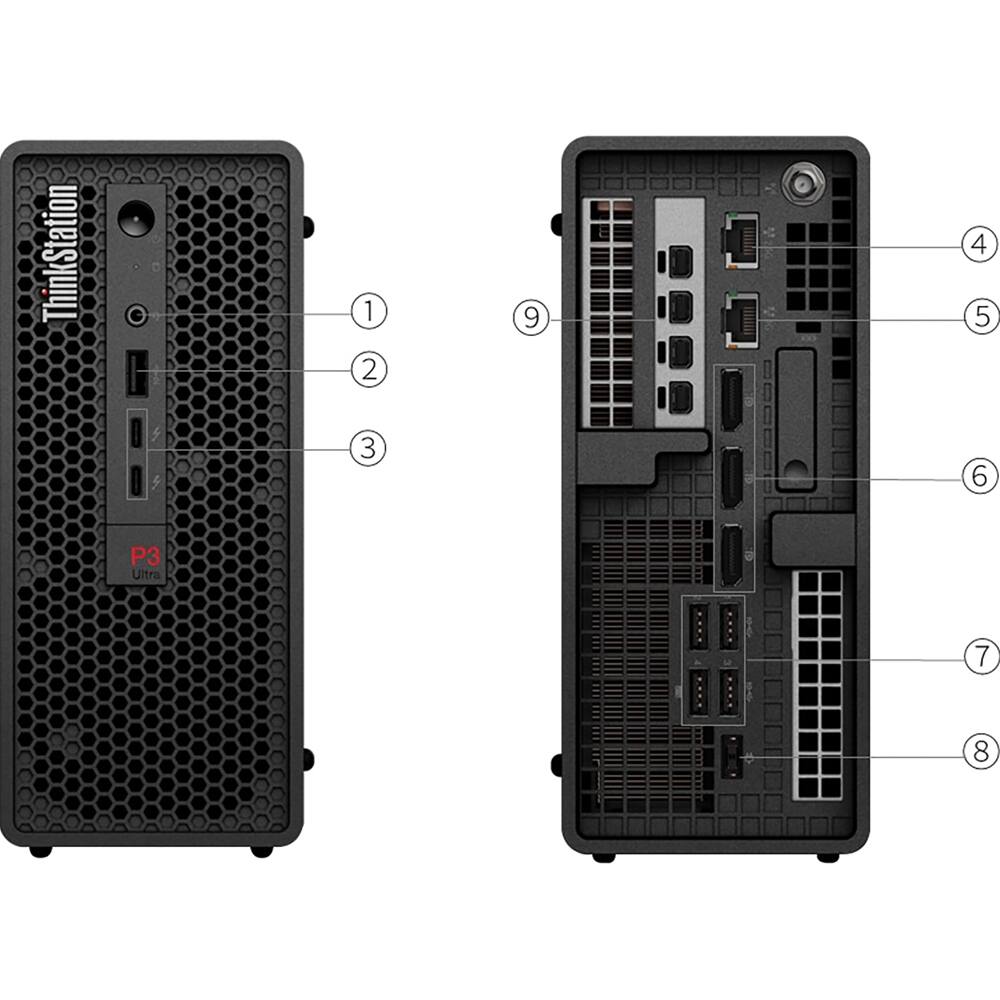 ThinkStation P3 Ultra

1. Power Button
2. USB Port
3. Ethernet Port
4. USB Port
5. Display Port
6. USB Port
7. USB Port
8. USB Port
9. Power Supply