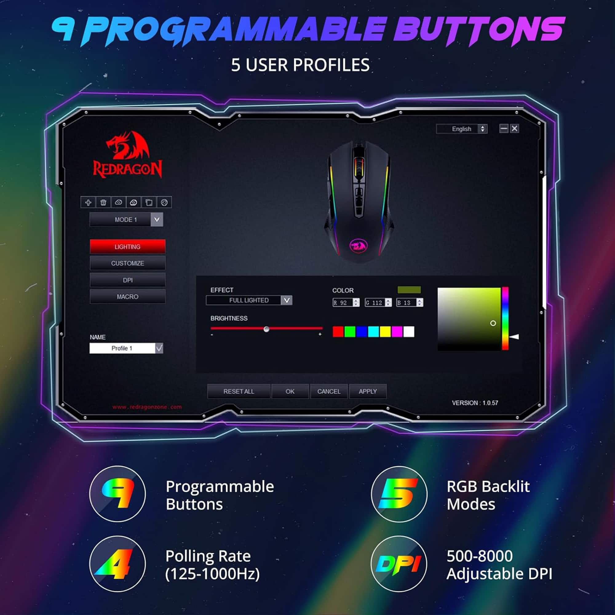 The image features a mouse with 9 programmable buttons and 5 user profiles. The mouse is designed by Redragon and offers customizable lighting, DPI, and macro effects. The full lighting mode allows for bright and colorful illumination, while the polling rate can be adjusted between 125-1000Hz. The DPI can also be adjusted between 500-8000, providing a versatile gaming experience. The mouse is compatible with Windows and is available at www.redragonzone.com.