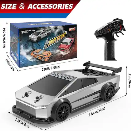 SIZE & ACCESSORIES
CHIS GAR RC DRIFT STUNT F 2.4GHz
STUNT 14CM/5.51IN
LORIFT OIRA
BRET ROVo t
STUNT 13CM/5.12IN
23CM/9.06IN
PICKUP
2 in/5cm
3.15 in/8cm
7.48 in/19cm