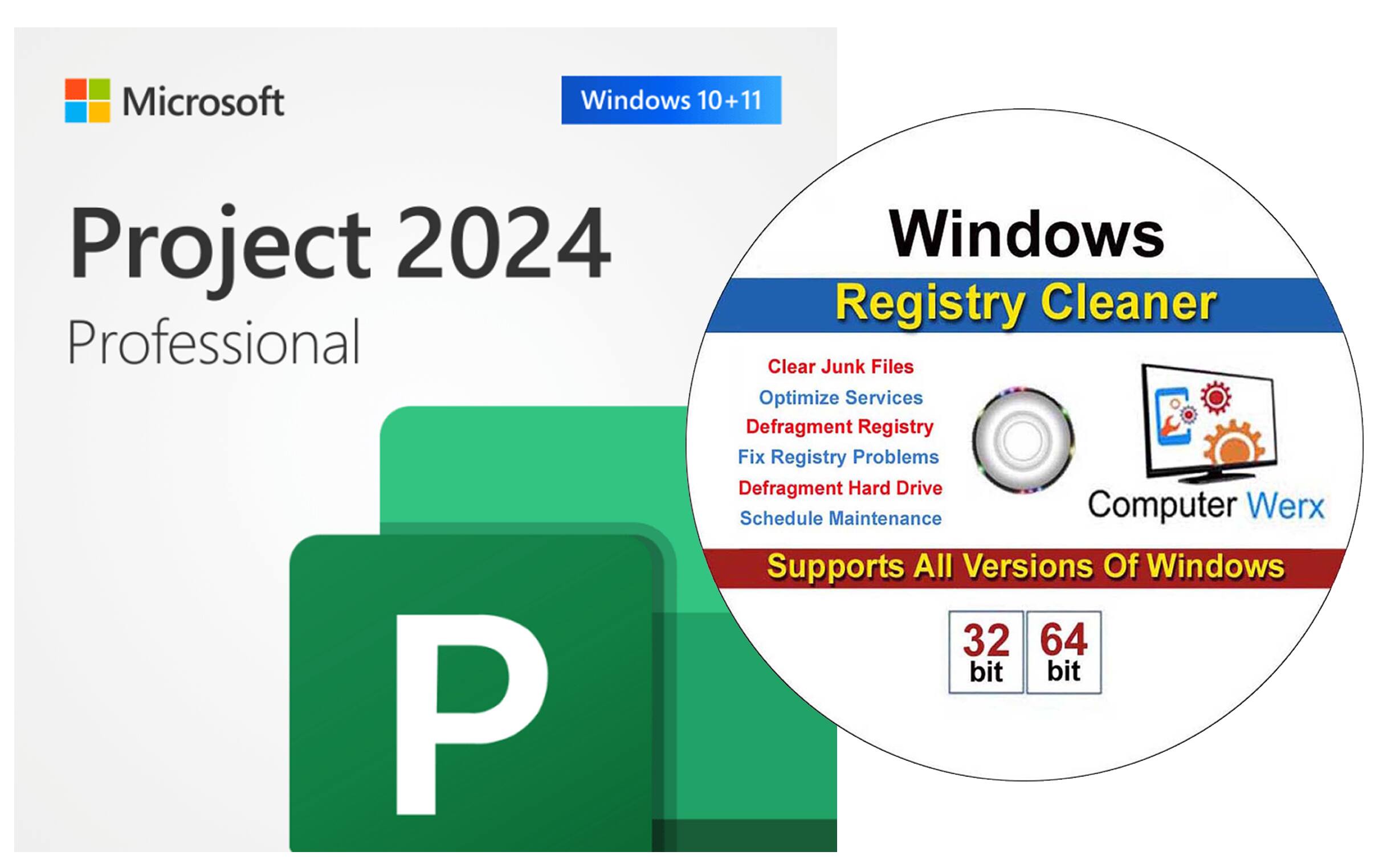 Microsoft Windows 10+11 Project 2024 Professional P Windows Registry Cleaner Clear Junk Files Optimize Services Defragment Registry Fix Registry Problems Defragment Hard Drive Schedule Maintenance Computer Werx Supports All Versions Of Windows 32 64 bit bit