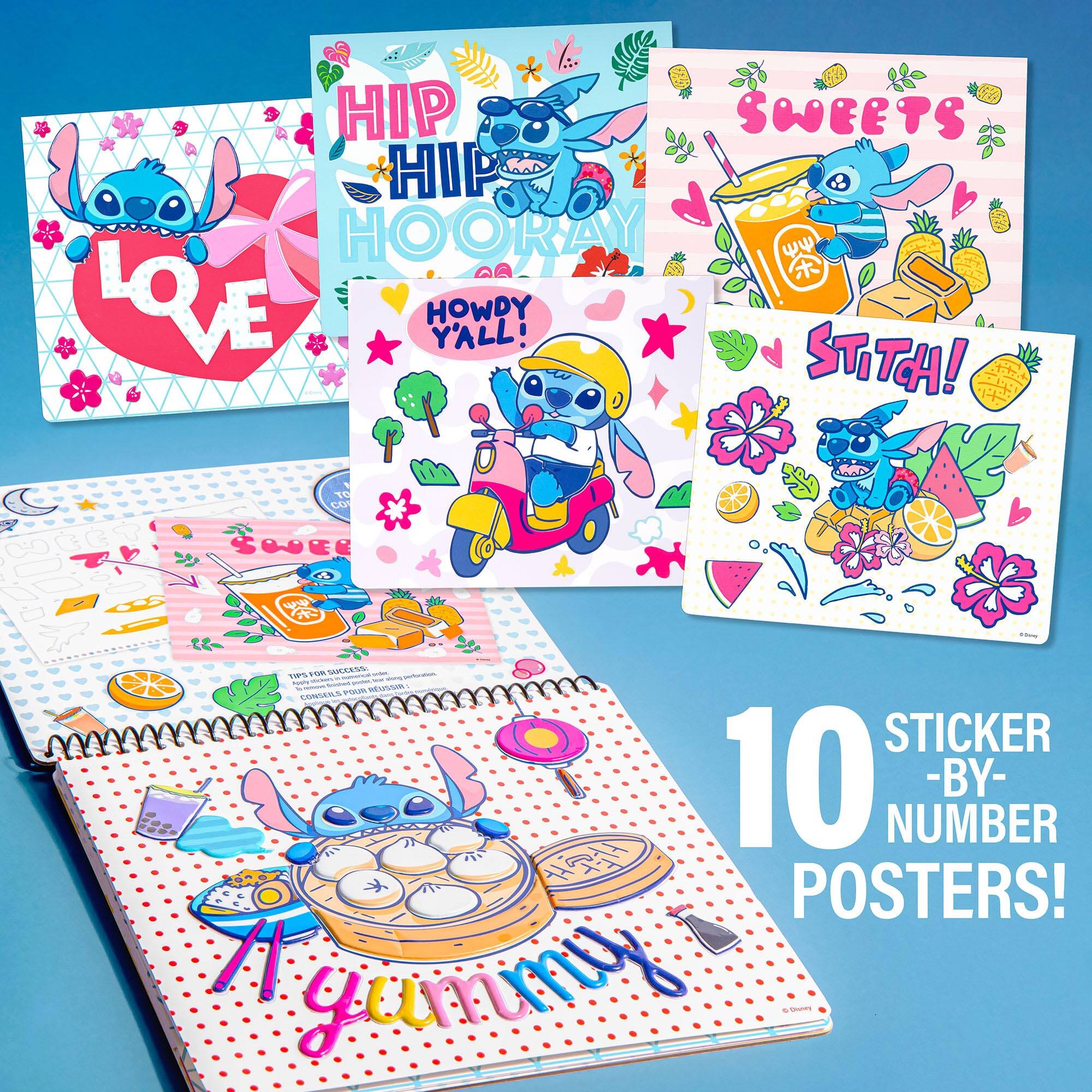 The text on the image is grouped and corrected as follows:

"10 Sticker Posters! Hip Hooray! Howdy Y'all! Love! Stitch! Sweets! Hip Sweets! Stitch! 1445 T0 CO SOOGLE STICKER 10 NUMBER-BY-NUMBER POSTERS!"