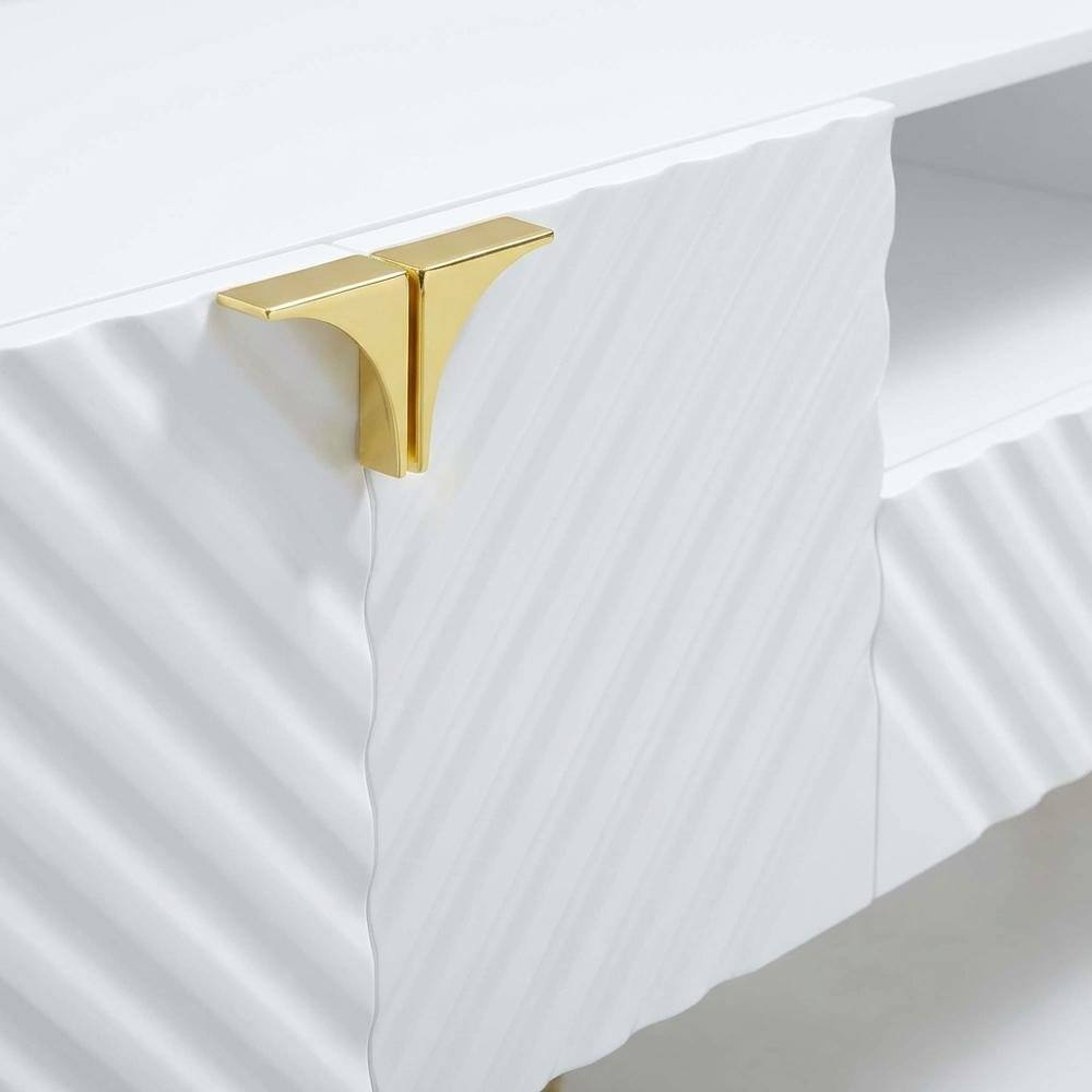 Alt View 4. FurniFact - White Gloss Finish TV Stand with Rubberwood and Walnut Veneers for Modern Living - Beige.