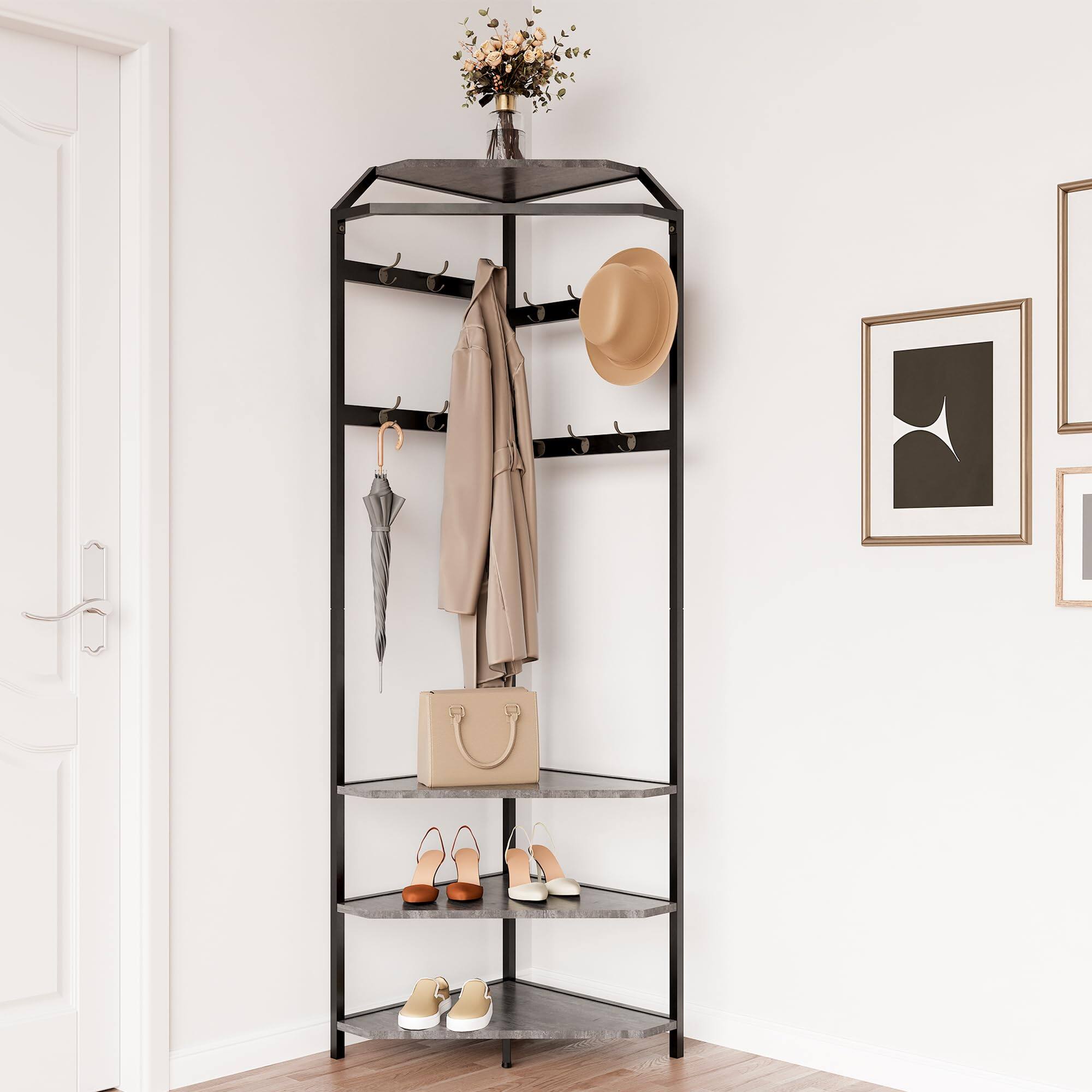 Angle. Jojoka - Corner Hall Tree with Shoe Bench, 6 Double Hooks & Storage Shelves, Space-Saving 3-in-1 Coat Rack - Gray.