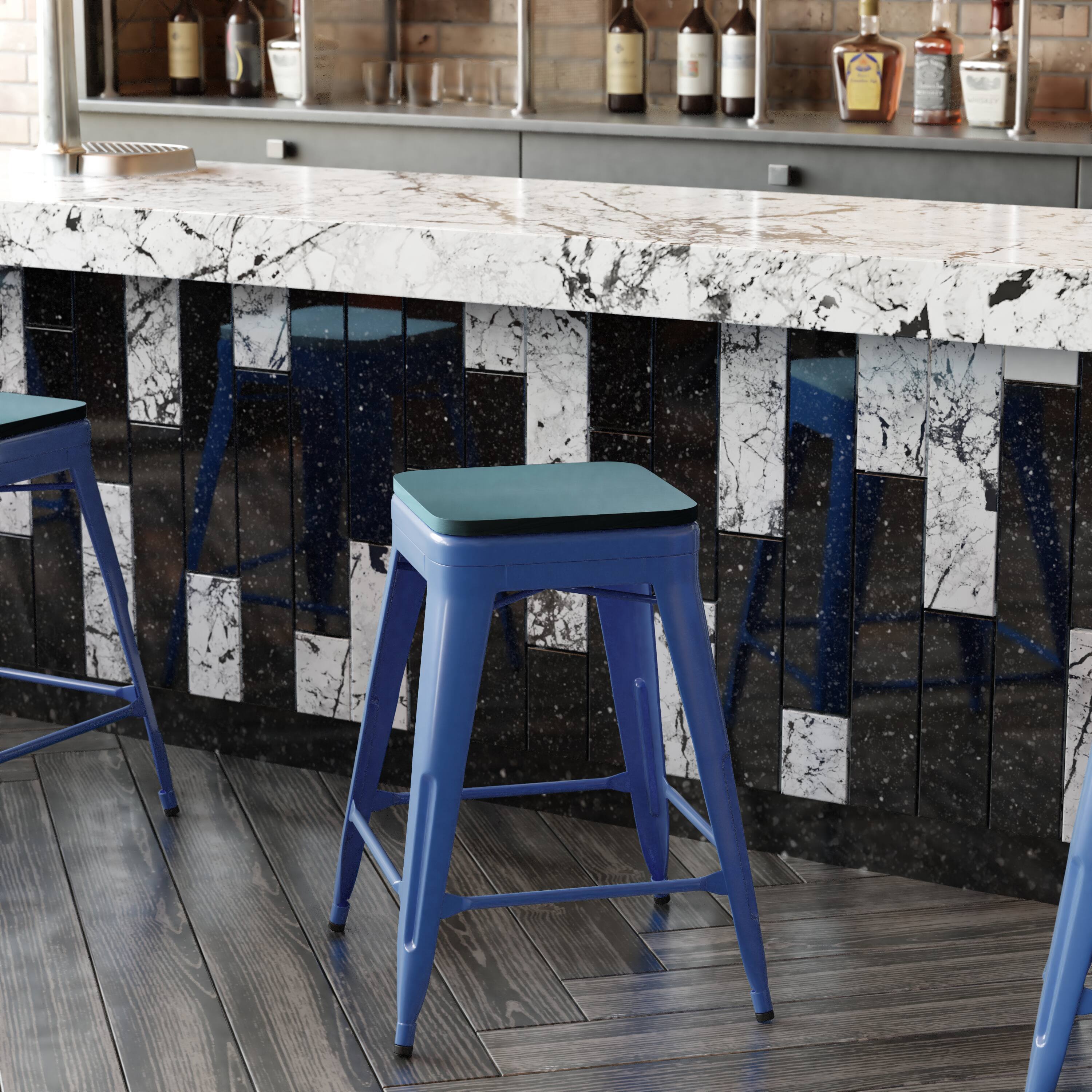 Alt View 4. Emma + Oliver - Kam Backless Metal Indoor-Outdoor Stool with All-Weather Polystyrene Seat - Teal-Blue Seat/Blue Frame.