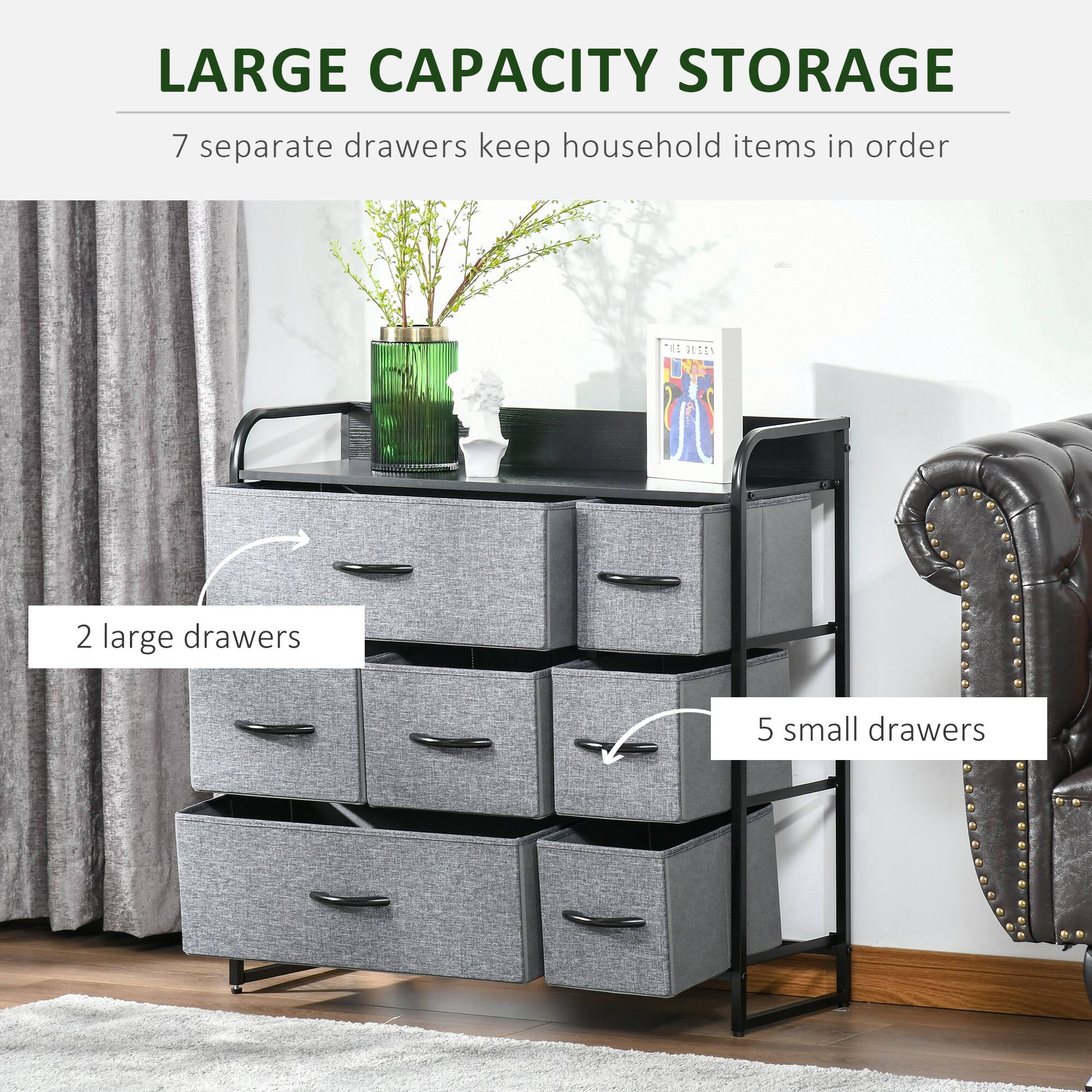 LARGE CAPACITY STORAGE

7 separate drawers keep household items in order

2 large drawers

5 small drawers
