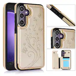 Dteck - For Samsung Galaxy A16 5G Wallet Case Flower Embossed Pattern PU Leather Card Slots Flip Kickstand Shockproof Cover - Gold
