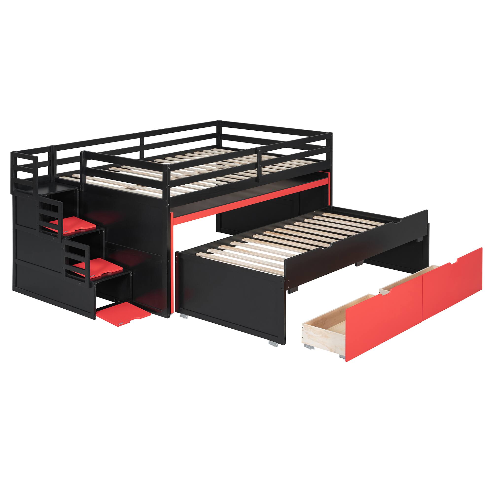 Back. Whisen - Gaming Loft Bed with Pull-Out Desk,Trundle and Storage Stairs,Multi-Functional Workstation Bed Frame - Black+Red.