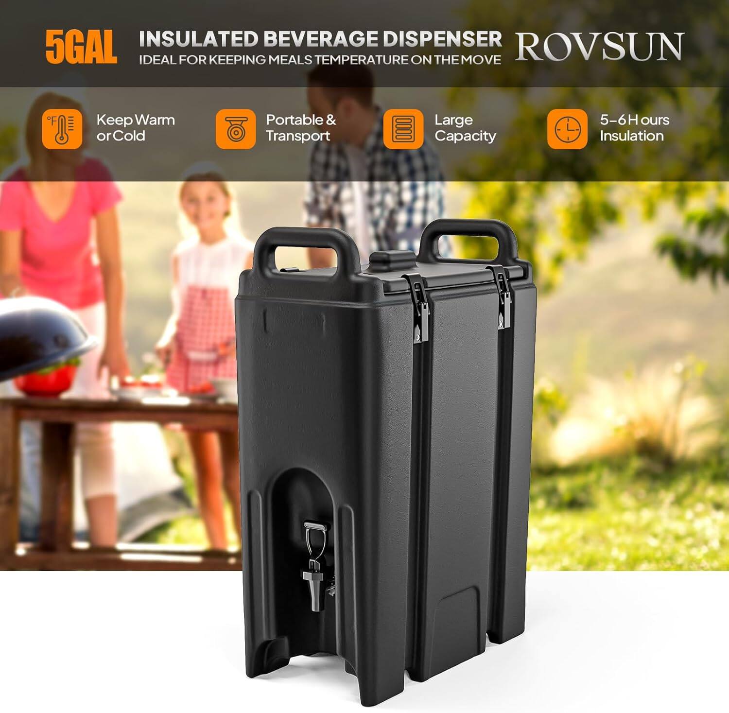 5GAL INSULATED BEVERAGE DISPENSER  
ROVSUN  
IDEAL FOR KEEPING MEALS TEMPERATURE ON THE MOVE  

- Keep Warm or Cold  
- Portable & Transport  
- Large Capacity  
- 5-6 Hours Insulation
