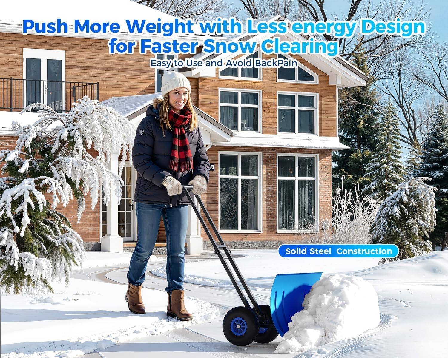 Push More Weight with Less Energy Design for Faster Snow Clearing  
Easy to Use and Avoid Back Pain  
Solid Steel Construction