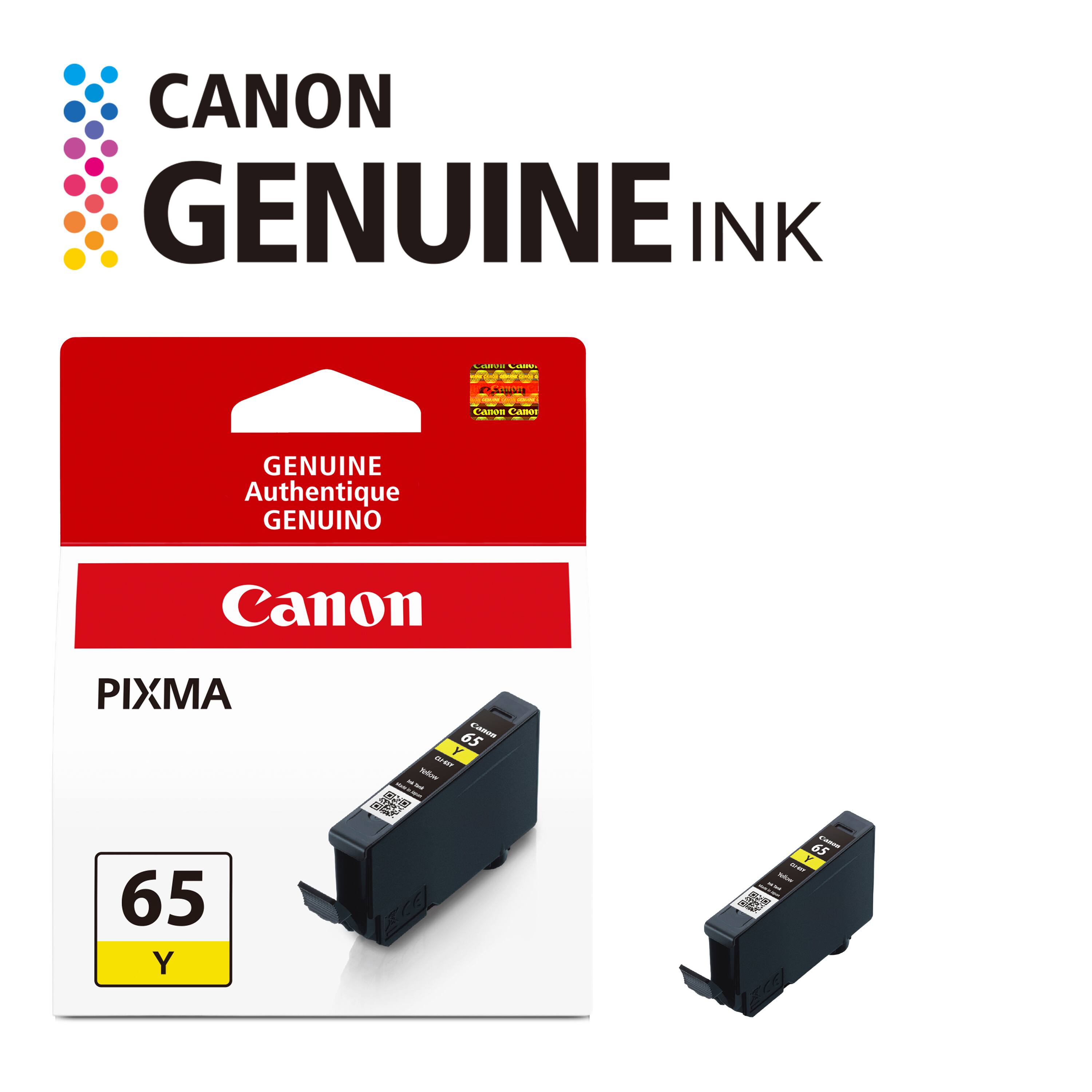 CANON GENUINE INK

Carvie Comy:
eSman -
Canon Canor
GENUINE Authentique GENUINO
Canon
PIXMA 65 Y
65 Canon Y 19-10 16/1 Yellow Visity - -