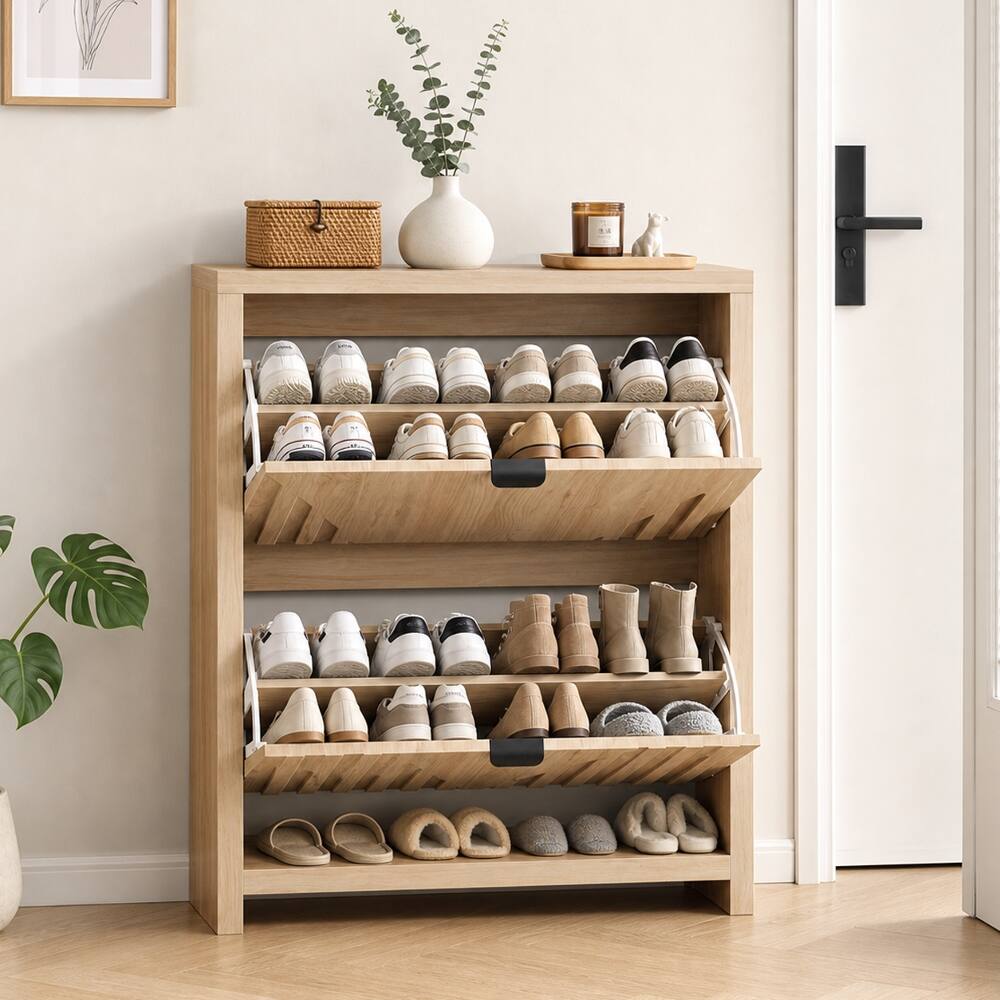 Alt View 1. Loheer - Loheer 31.5 inch oak entryway shoe cabinet with vertical carved panels - Oak.