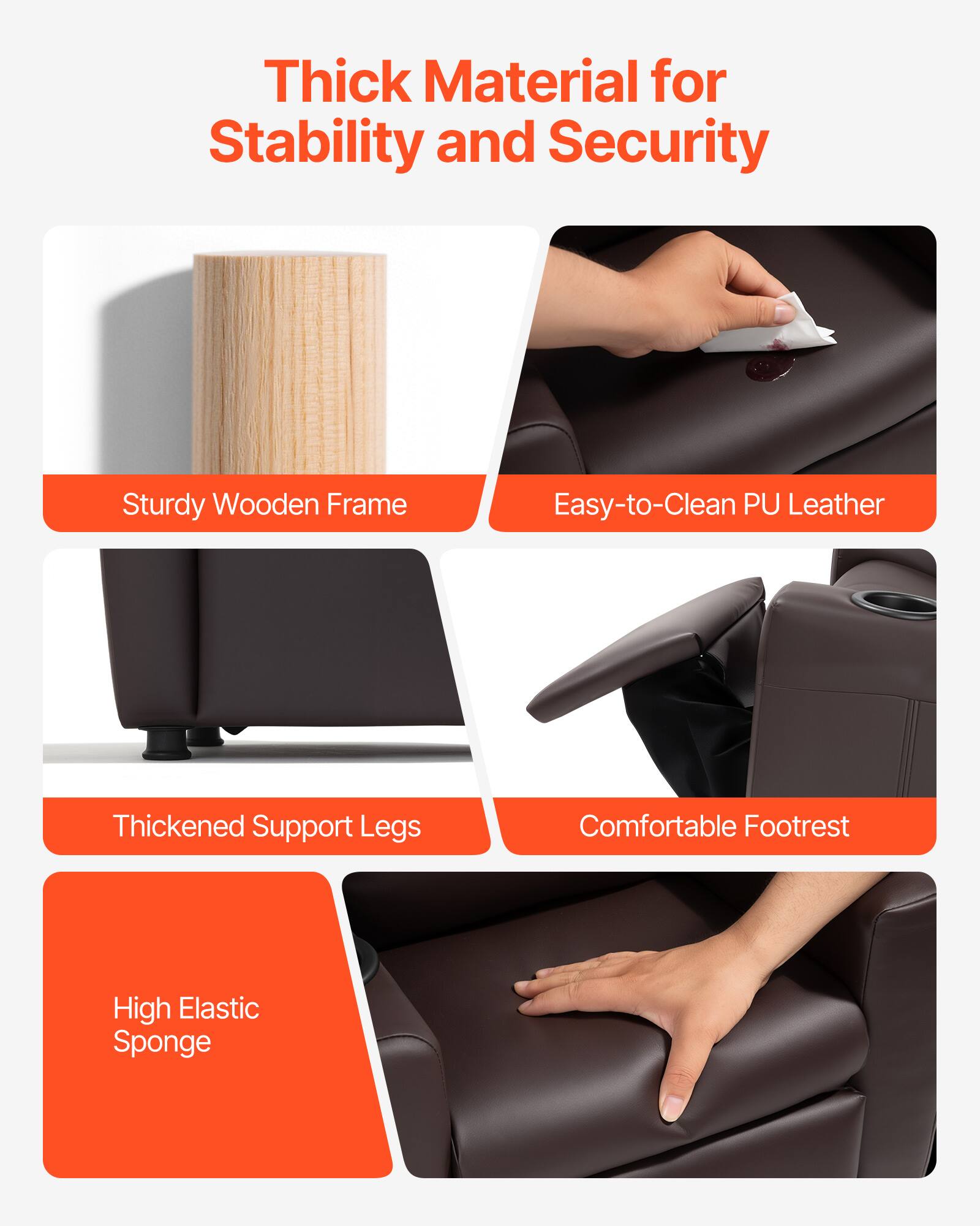 Thick Material for Stability and Security

- Sturdy Wooden Frame
- Easy-to-Clean PU Leather
- Thickened Support Legs
- Comfortable Footrest
- High Elastic Sponge