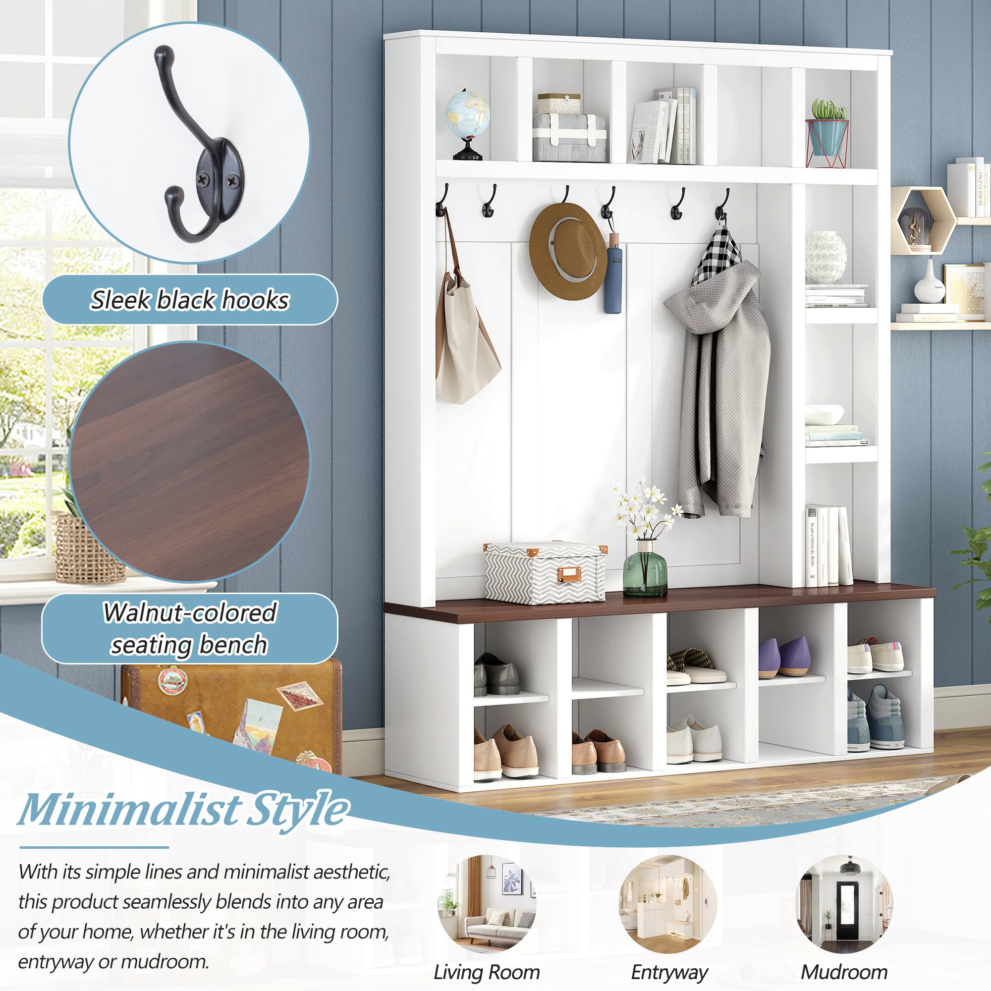 Sleek black hooks  
Walnut-colored seating bench  
Minimalist Style  

With its simple lines and minimalist aesthetic, this product seamlessly blends into any area of your home, whether it's in the living room, entryway or mudroom.  

Living Room  
Entryway  
Mudroom
