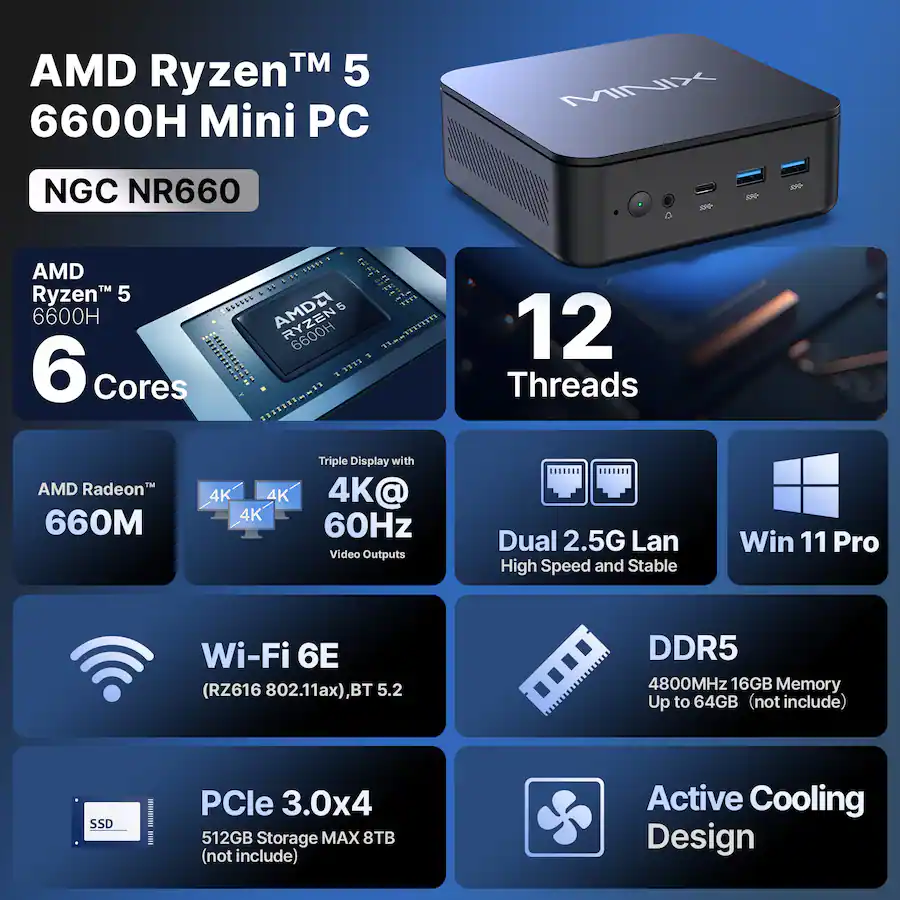 MINIX NGC NR660 Mini PC, AMD Ryzen™ 6600H, 16GB DDR5, 512GB