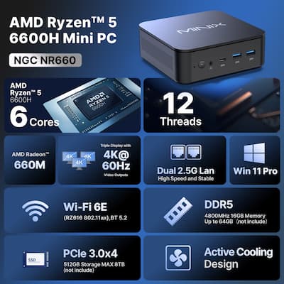 MINIX NGC NR660 Mini PC, AMD Ryzen™ 5 6600H, 16GB DDR5, 512GB M.2 MINIX NGC NR660 Mini PC, AMD Ryzen™ 5 6600H, 16GB DDR5, 512GB M.2