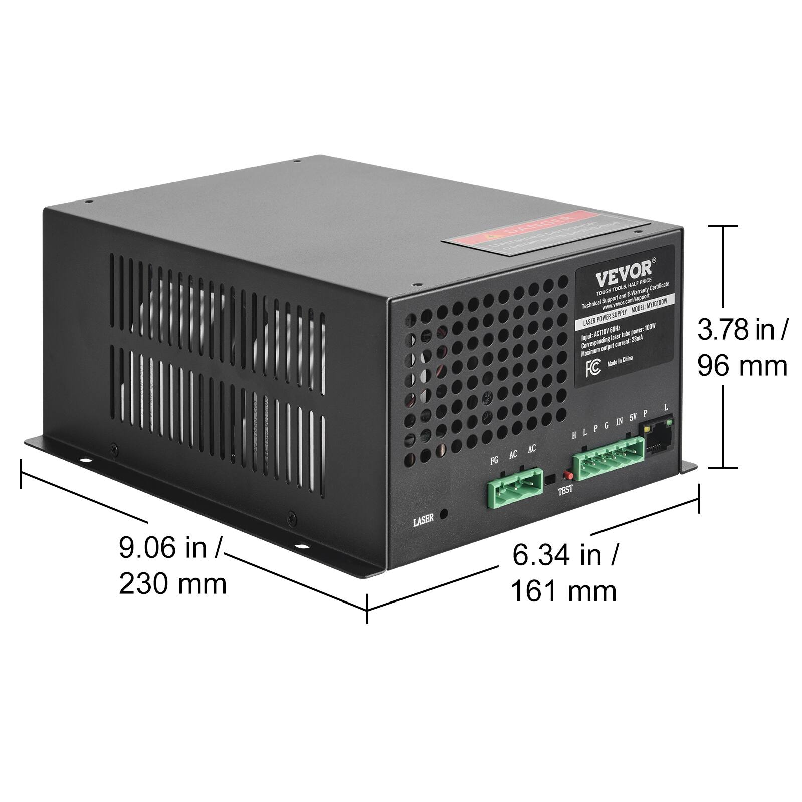 1. GANCR VEVOR AAS  
   - ntote TOUH an  
   - Teriottial Rogtet  
   - WOTAT o  
   - PORM Sumr LEUK  
   - dde  
   - Aeud  

2. Dermpandag  
   - Cen FC 3.78 in / 96 mm  
   - LPGISP 5 IN F TEST 9.06 in / 230 mm  
   - LASER 6.34 in / 161 mm  

---

**VEVOR**  
TOUGH & HALF PRICE  
LASER POWER SUPPLY  
MODEL: VTP-1000  
Input: AC 110V/220V 50/60Hz  
Output: 1000W  
Made in China  

PG AC  
HLP IN 5V P  
LASER  
TEST  

3.78 in / 96 mm  
9.06 in / 230 mm  
6.34 in / 161 mm