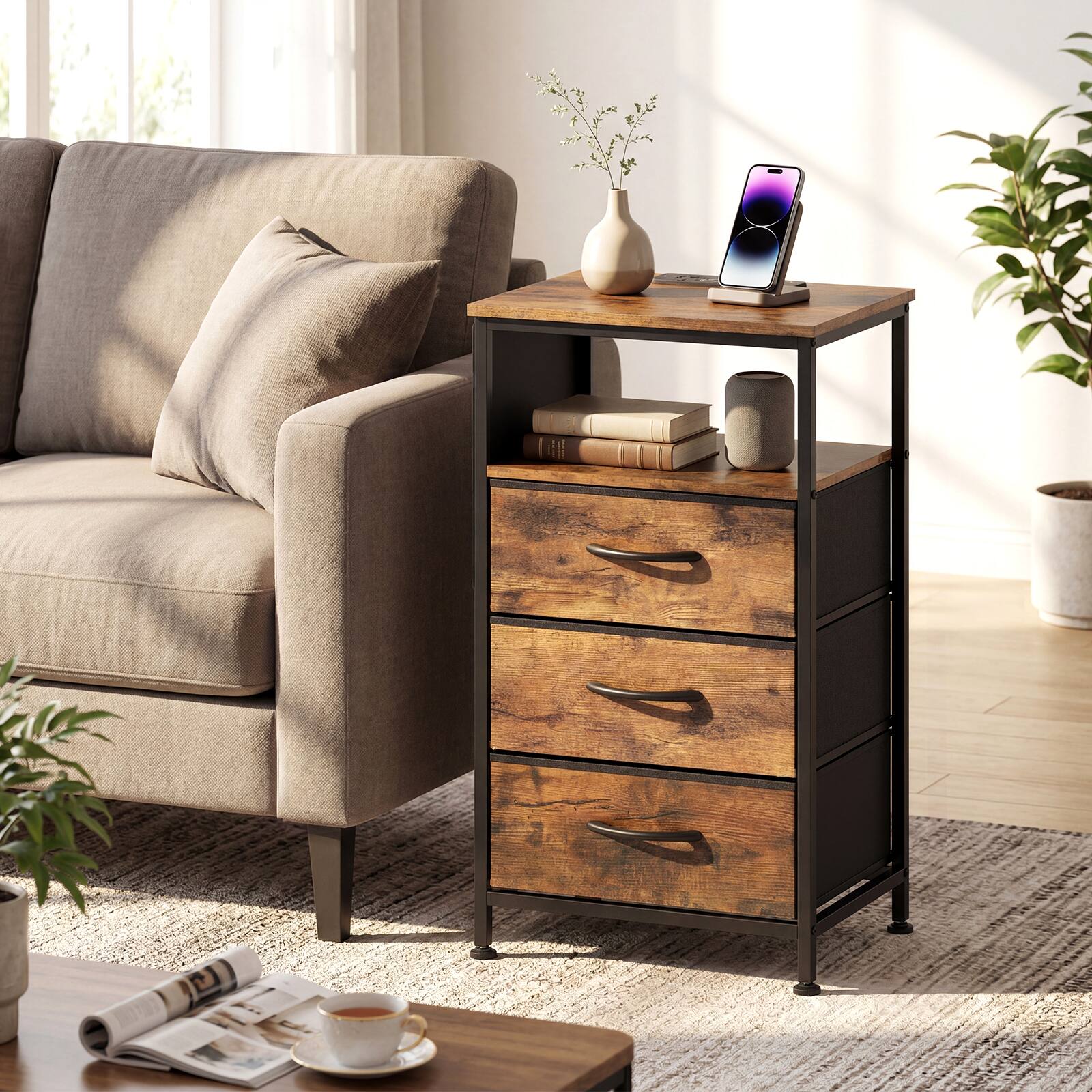 Alt View 1. Costway - Costway 2 PCS Nightstand with Charging Station, 3 Fabric Drawers, Open Shelf & Side Pocket - Rustic Brown + Black.