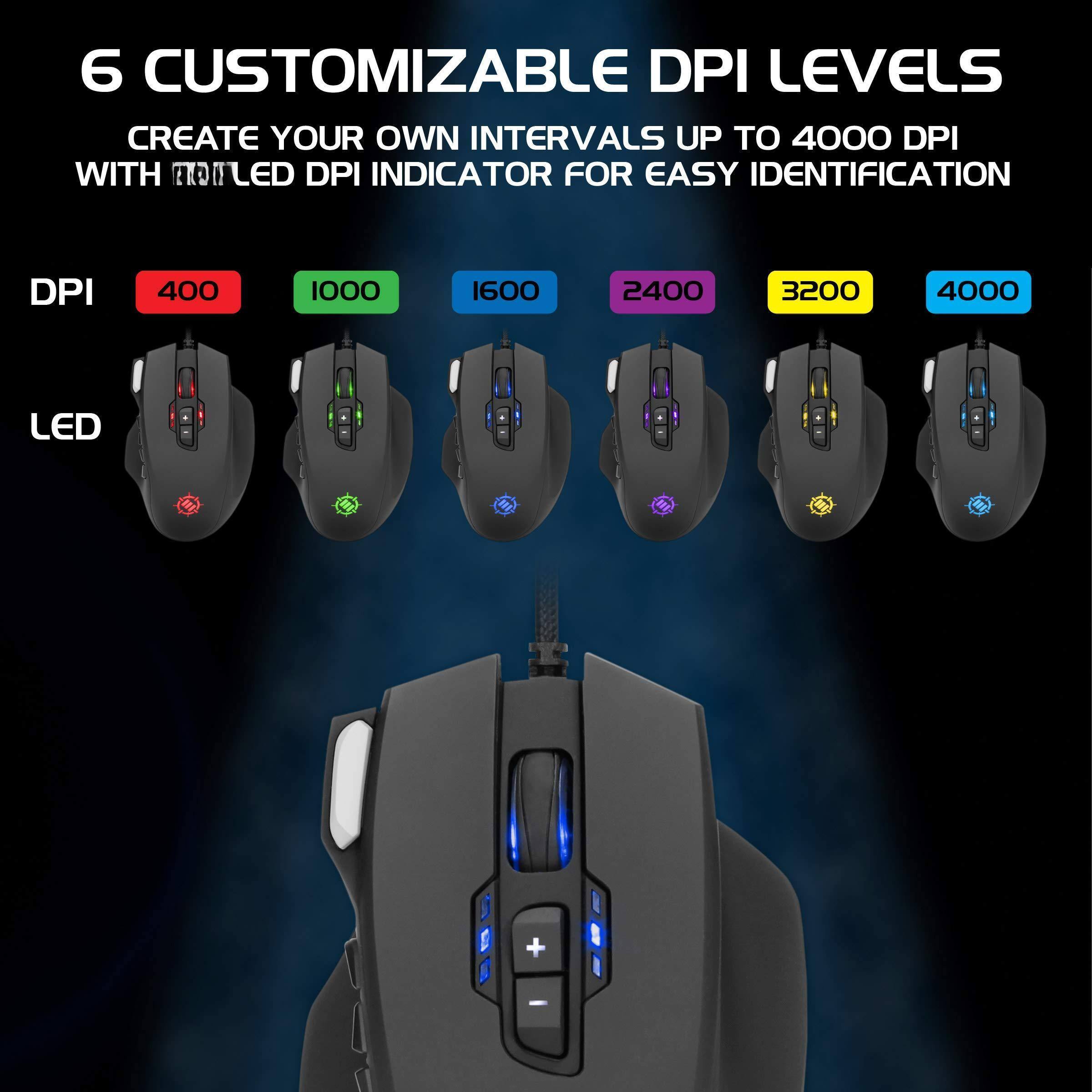 6 CUSTOMIZABLE DPI LEVELS  
CREATE YOUR OWN INTERVALS UP TO 4000 DPI WITH LED DPI INDICATOR FOR EASY IDENTIFICATION  

DPI  
400 1000 1600 2400 3200 4000  

LED
