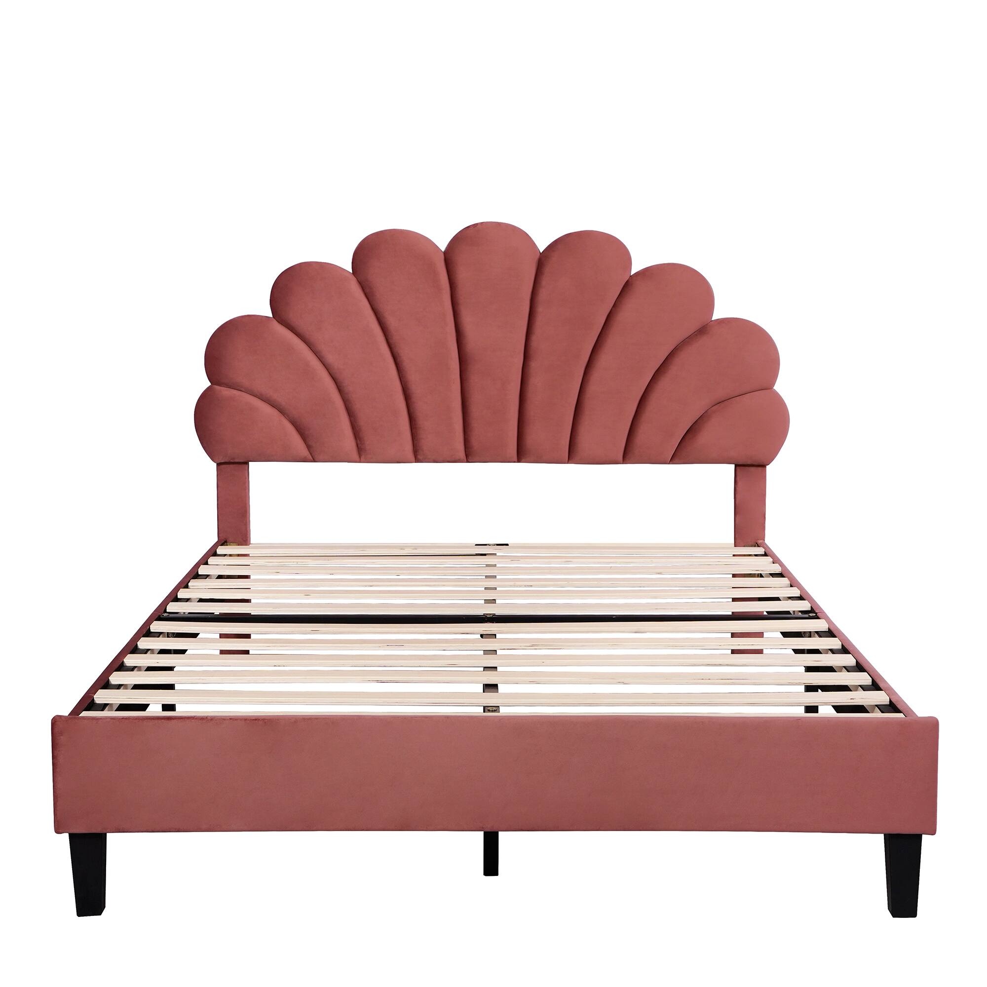 Back. Tiramisubest - Full Size Upholstered Platform Bed with Flower Pattern Velvet Headboard, Bean Paste Red - Bean paste red.