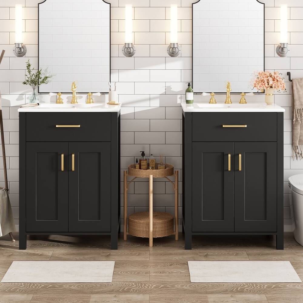 Back. Loheer - Loheer 48 inch double bathroom vanity Black Freestanding Cabinet with Dual Ceramic Sinks - Black.