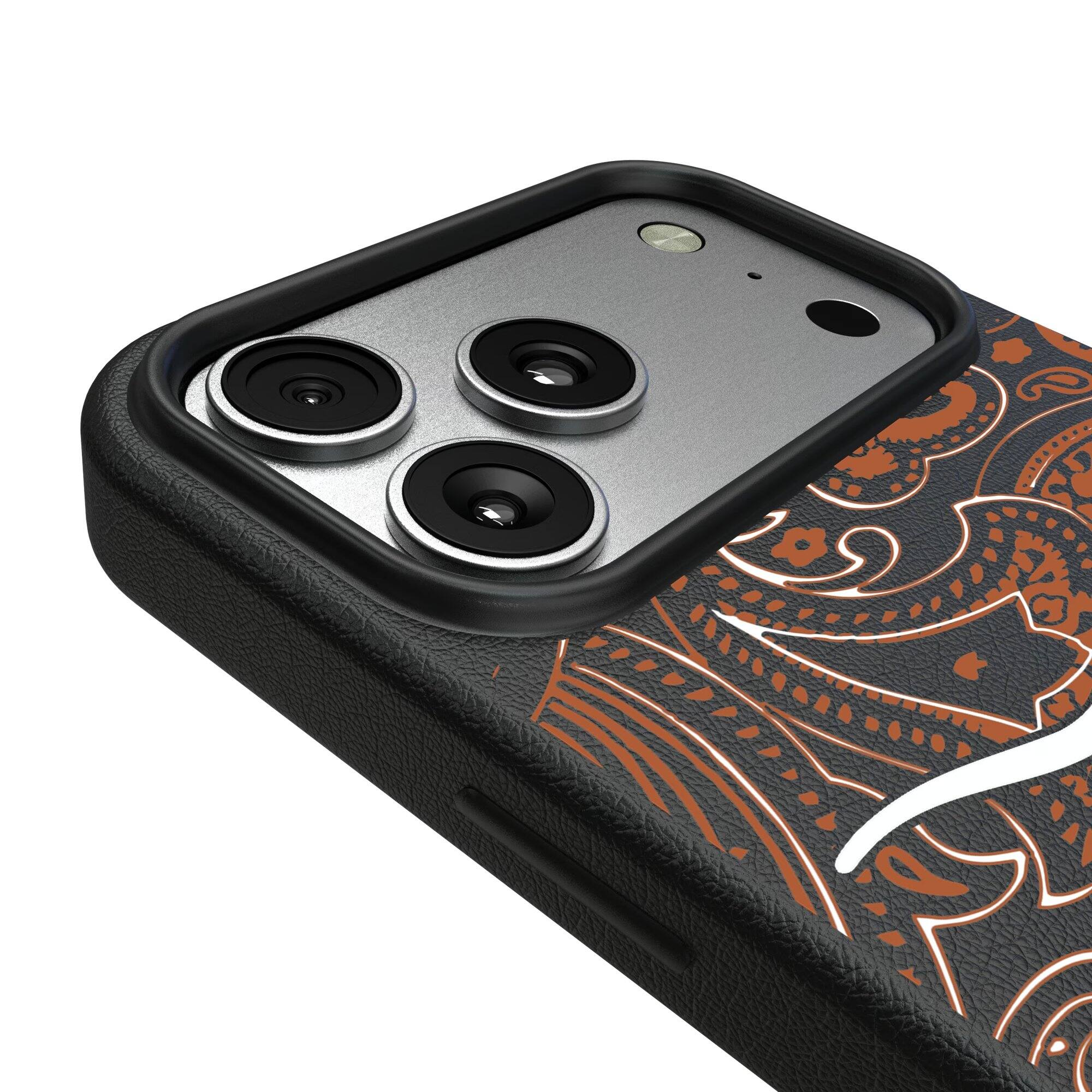 Alt View 2. Keyscaper - Texas Longhorns Paisley iPhone Magnetic Bump Case - 15 Pro - Black.