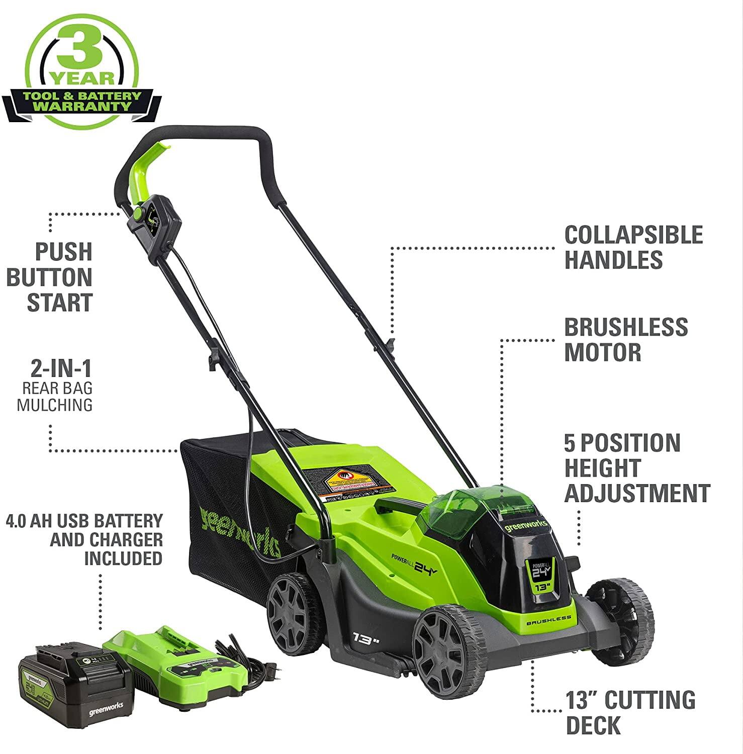 3 YEAR TOOL & BATTERY WARRANTY

PUSH BUTTON START

2-IN-1 REAR BAG MULCHING

4.0 AH USB BATTERY AND CHARGER INCLUDED

COLLAPSIBLE HANDLES

BRUSHLESS MOTOR

5 POSITION HEIGHT ADJUSTMENT

13" CUTTING DECK