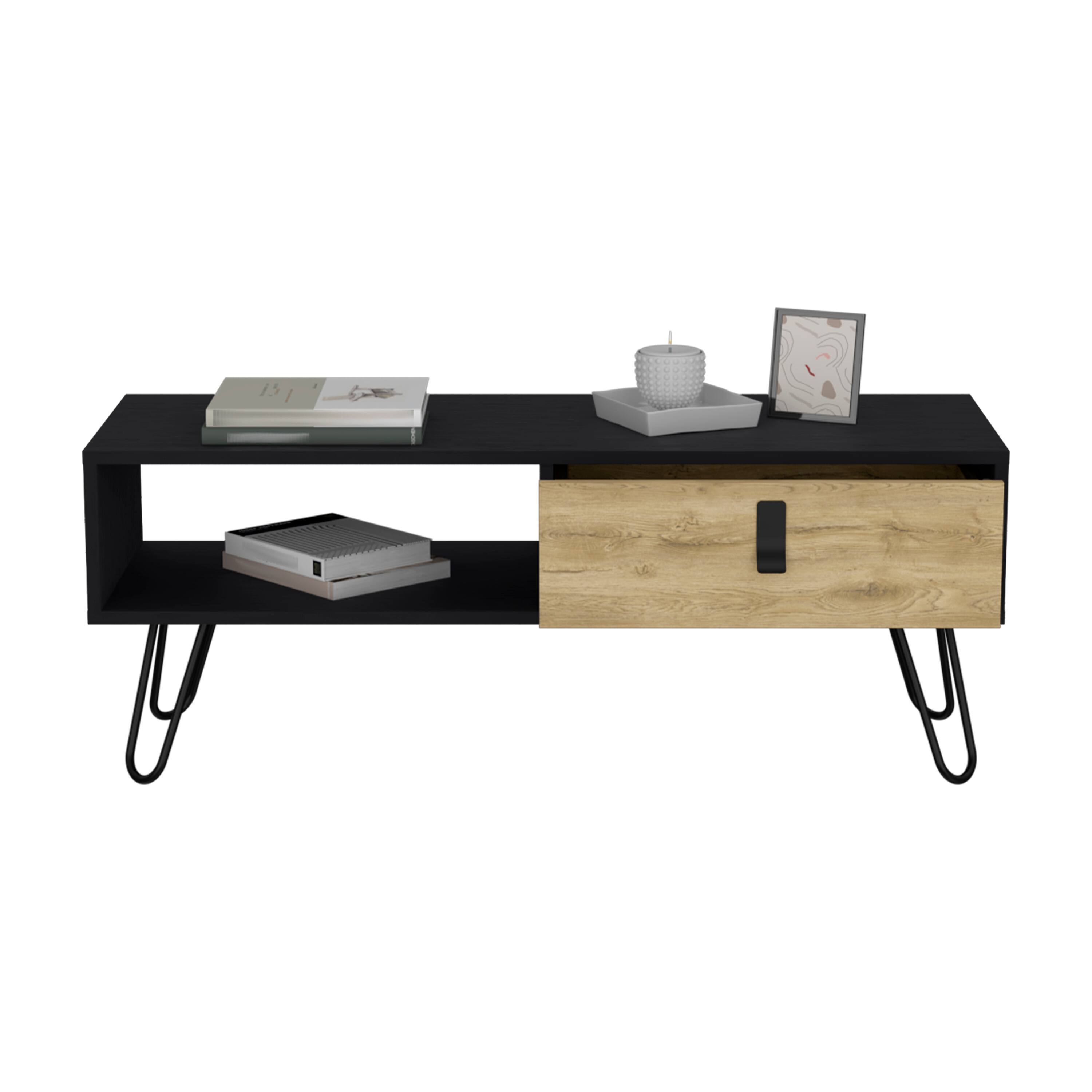 Alt View 2. TuHome - Huna Coffee Table With Hairpin Legs And Ample Storage Drawer - Black / Macadamia.