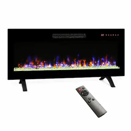 Front. RYHNUYNE - 42 Inch Recessed Ultra Thin Tempered Glass Front Wall Mounted Electric Fireplace with Remote - Antique Black.