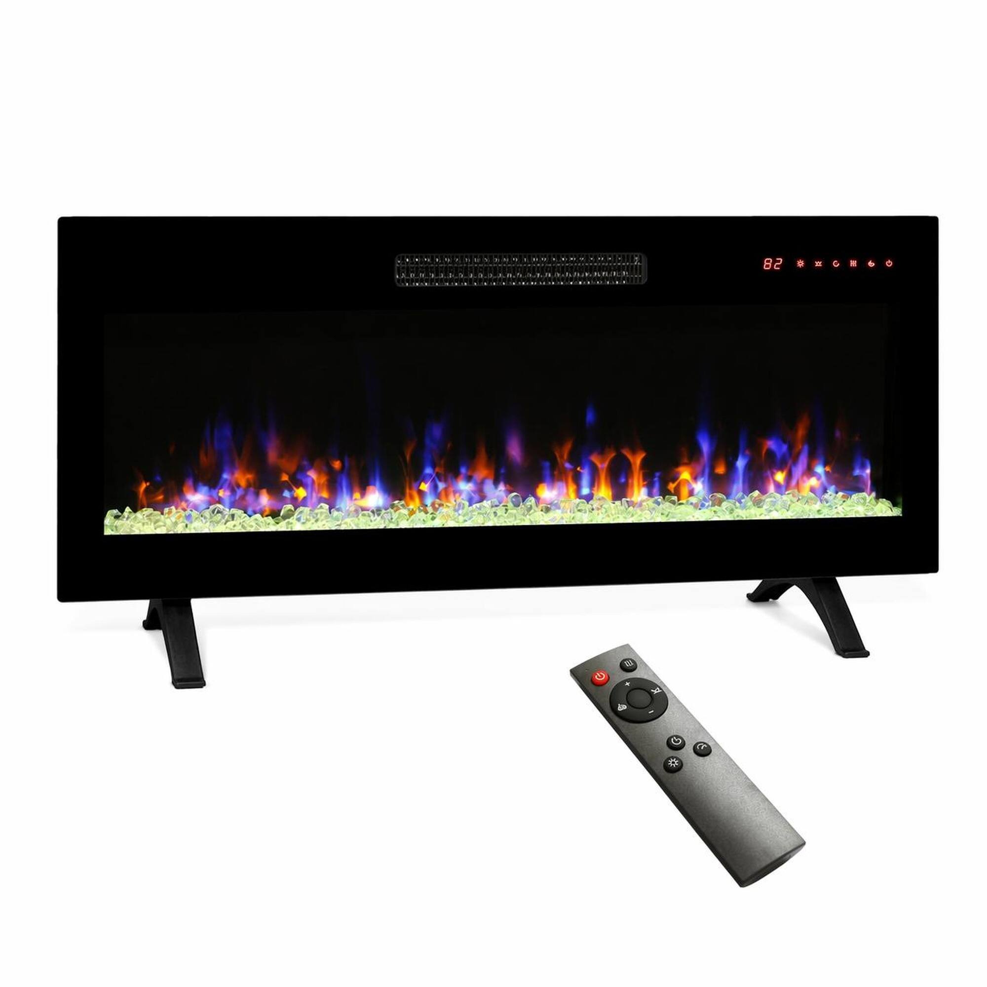 Front. RYHNUYNE - 42 Inch Recessed Ultra Thin Tempered Glass Front Wall Mounted Electric Fireplace with Remote - Antique Black.