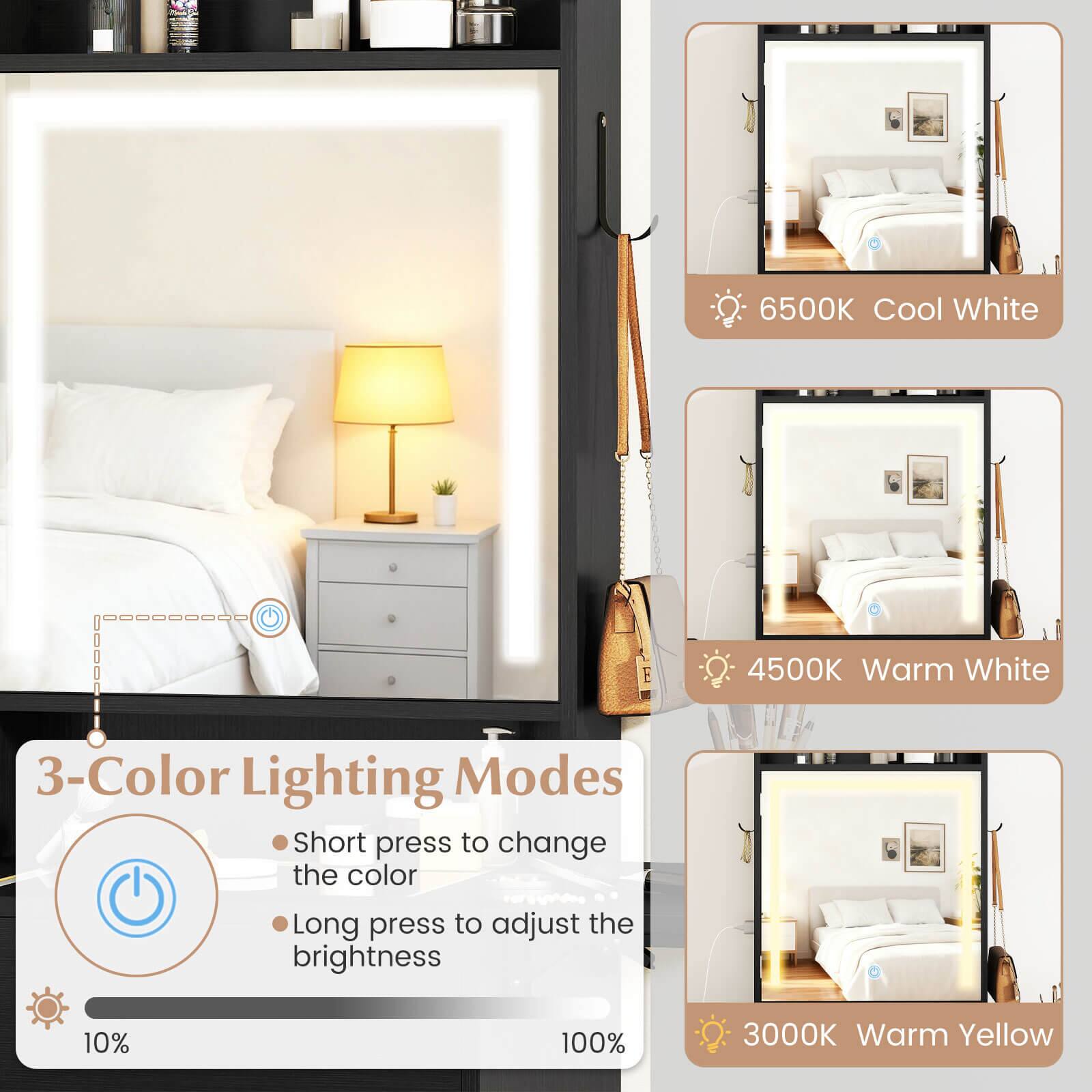 6500K Cool White  
4500K Warm White  
3000K Warm Yellow  

3-Color Lighting Modes  
- Short press to change the color  
- Long press to adjust the brightness  

10% - 100%