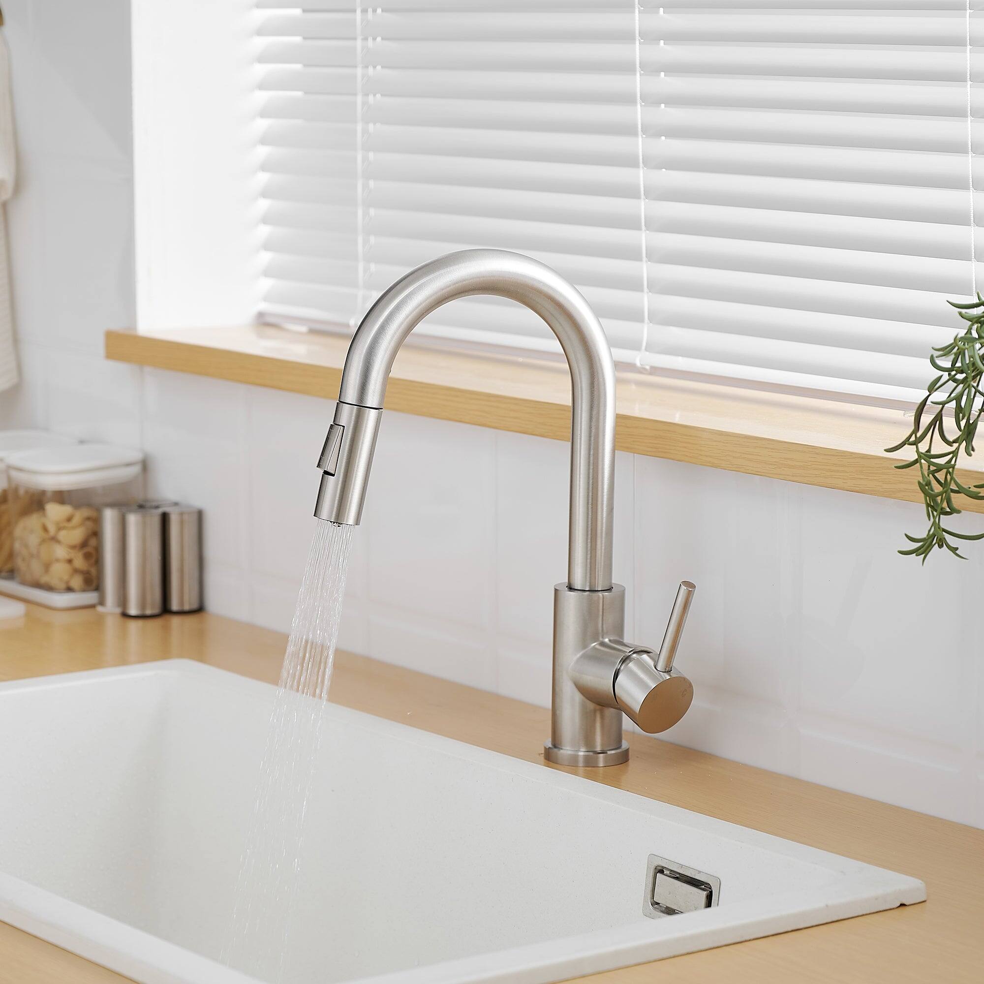 Alt View 9. Boyel Living - Brushed Nickel Single Handle Pull Down Bar Faucet with Water Supply Hoses and Ceramic Disc Cartridge - Brushed Nickel.