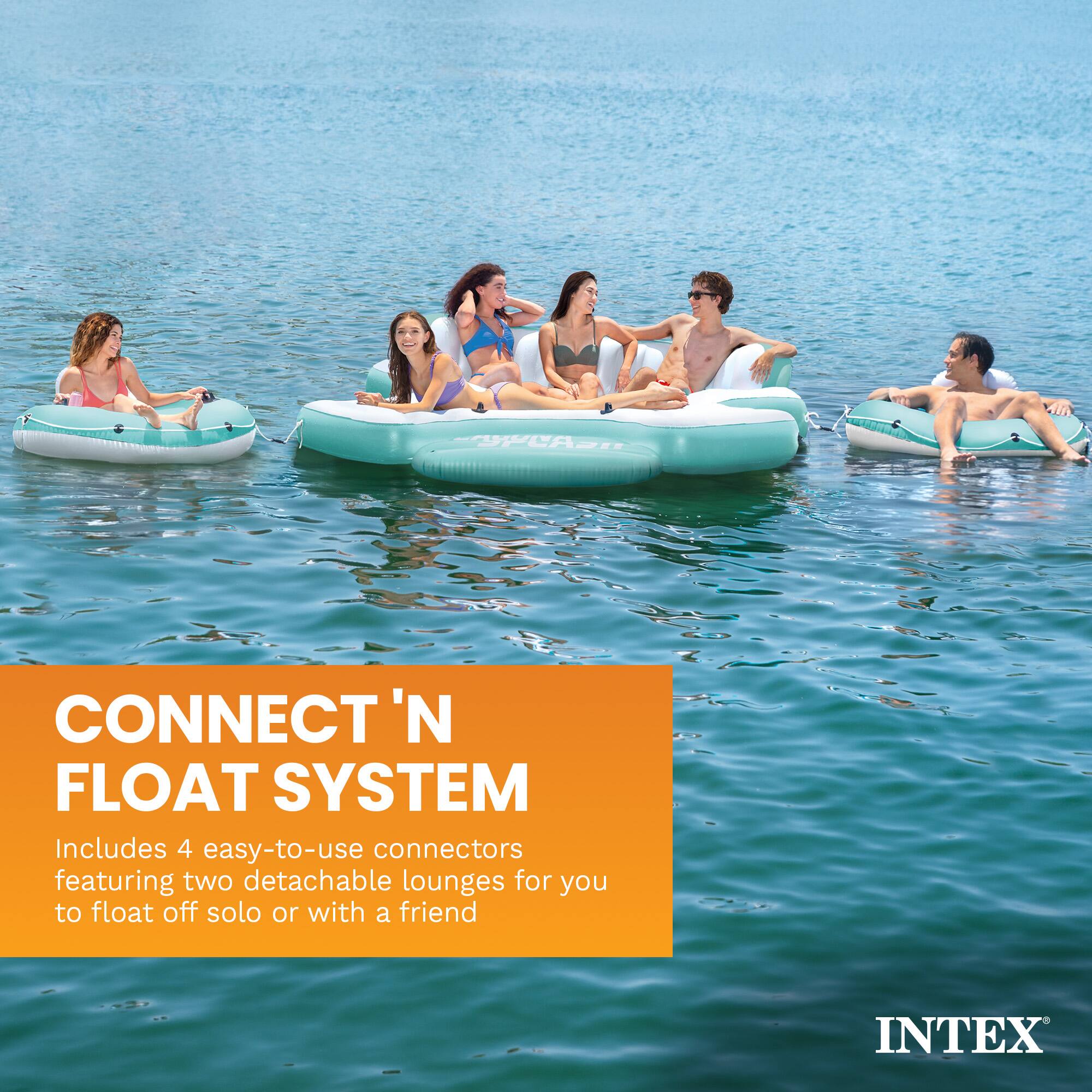 CAGUNA SPACASH  
CONNECT'N FLOAT SYSTEM  
Includes 4 easy-to-use connectors featuring two detachable lounges for you to float off solo or with a friend  
INTEX