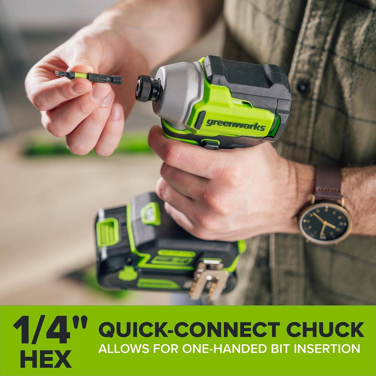 greenworks

0
00

1/4" QUICK-CONNECT CHUCK ALLOWS FOR ONE-HANDED BIT INSERTION HEX