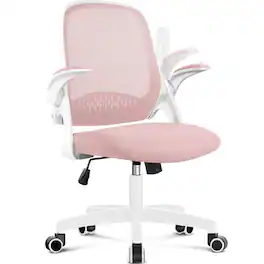 Neo Chair - Office Desk Chair Computer Ergonomic Lumbar Back Support with Flip-up Padded Armrest and Wheels for Home Vanity Study - Plastic Base-Pink