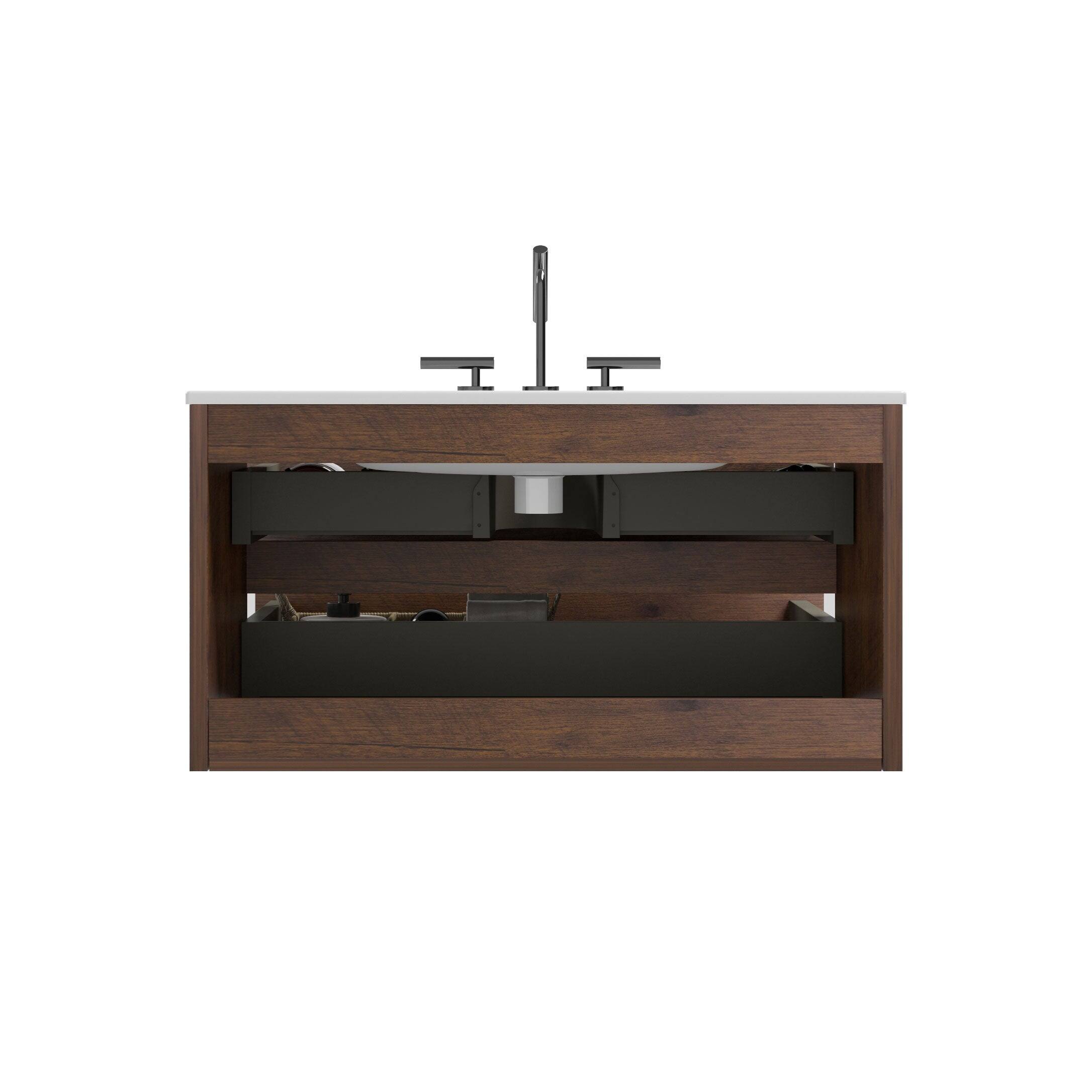Alt View 4. Boyel Living - 36 Inch Wall Mount Walnut Bathroom Vanity with Ceramic Sink, Large Storage, Floating Design, Pre-Assembled - White+Walnut.