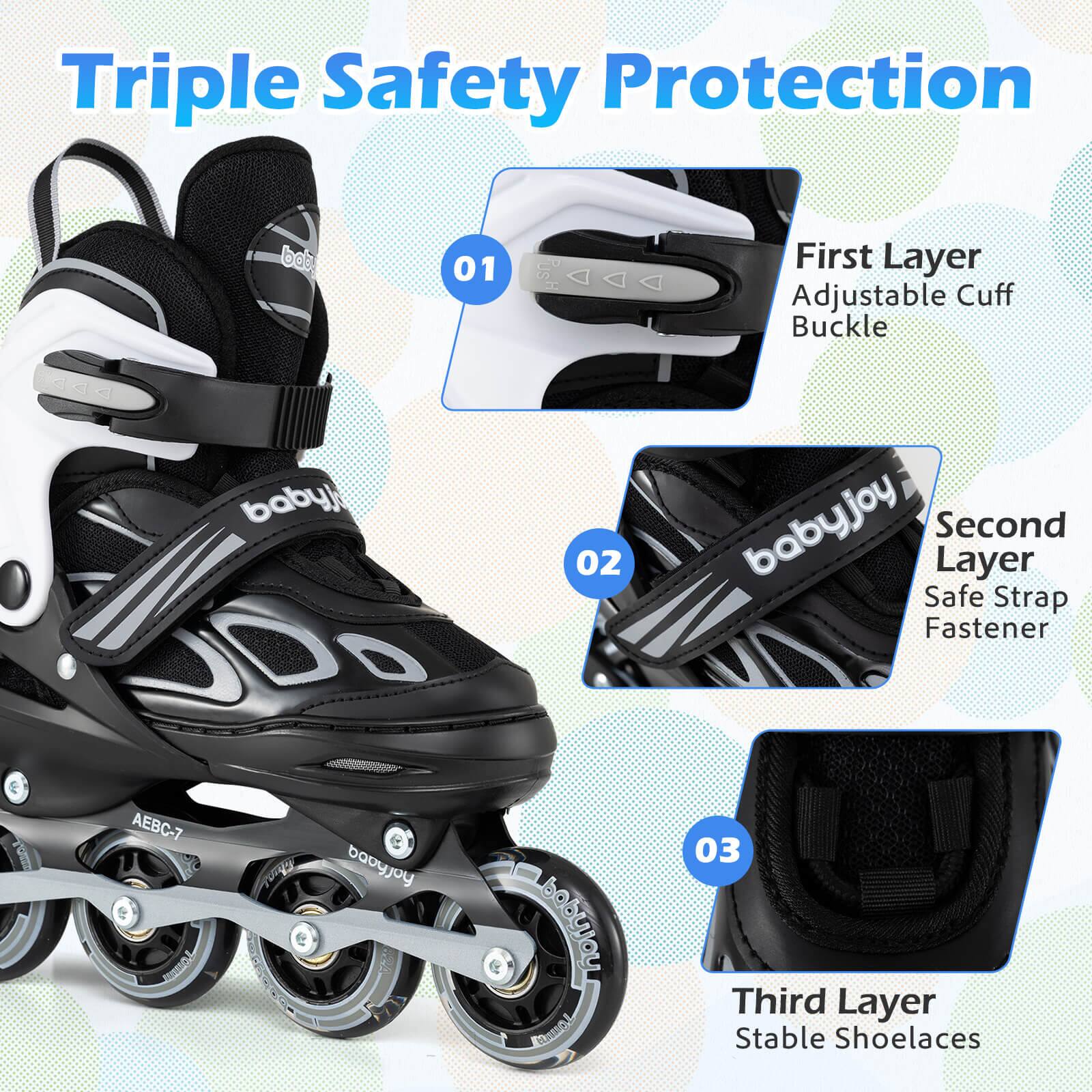Triple Safety Protection

01 First Layer Adjustable Cuff Buckle

02 Second Layer Safe Strap Fastener

03 Third Layer Stable Shoelaces