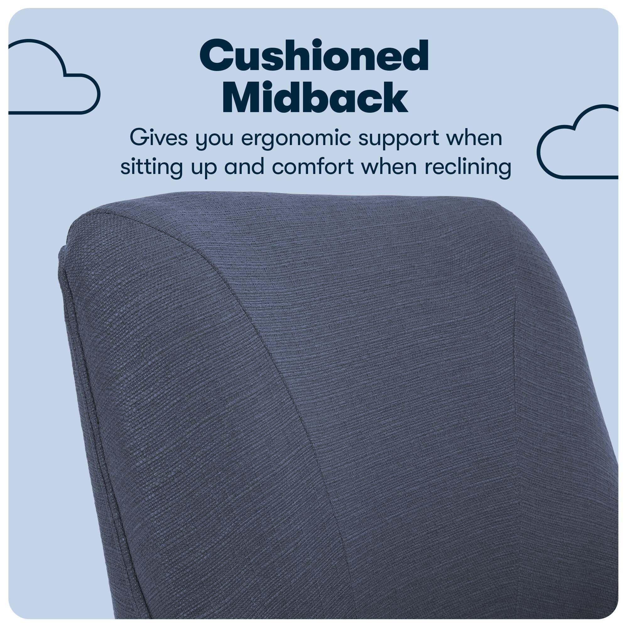 The image features a cushioned midback chair that provides ergonomic support when sitting up and comfort when reclining. The chair is designed to offer a comfortable and supportive seating experience, making it an ideal choice for various settings, such as offices, homes, and public spaces.