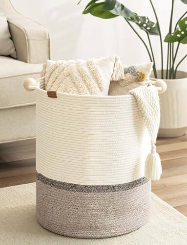 DORLUKFU - 72L Cotton Rope Laundry Basket with Wooden Beads Handles, Woven Basket for Storage, Dirty Clothes, Kids Toys, Towels - White & Light Brown