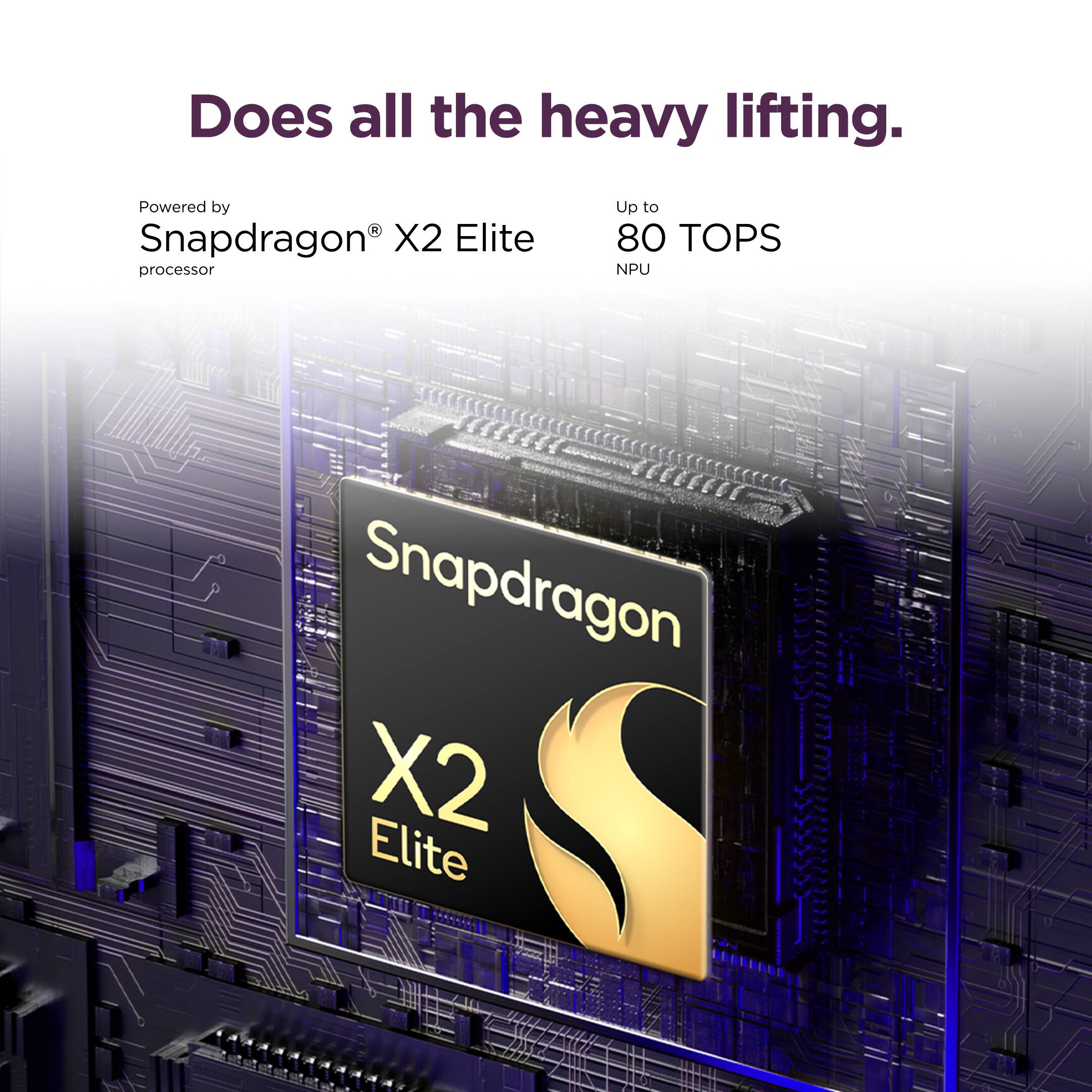 Does all the heavy lifting.  
Powered by Snapdragon® X2 Elite processor  
Up to 80 TOPS NPU
