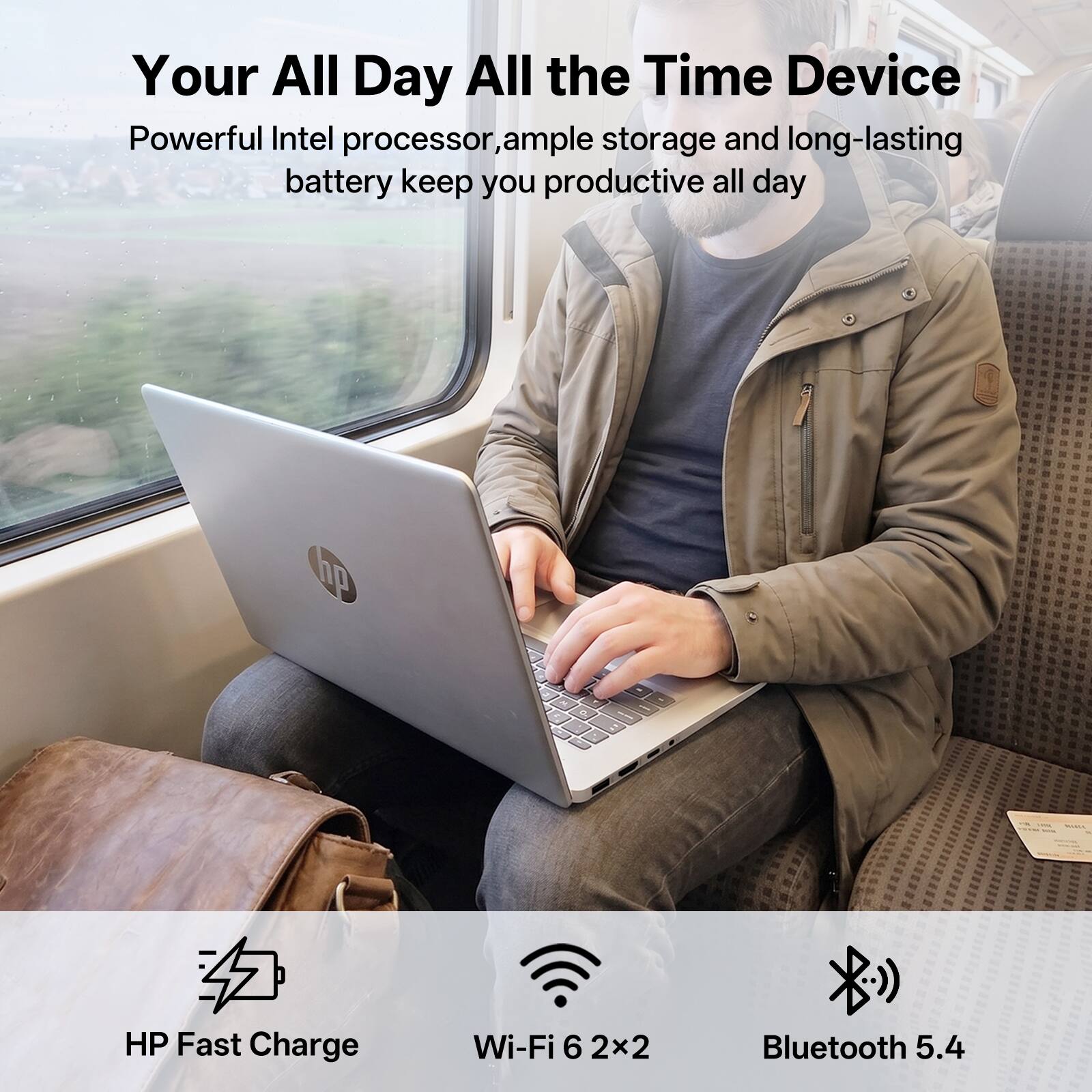Your All Day All the Time Device  
Powerful Intel processor, ample storage and long-lasting battery keep you productive all day  

HP Fast Charge  
Wi-Fi 6 2x2  
Bluetooth 5.4