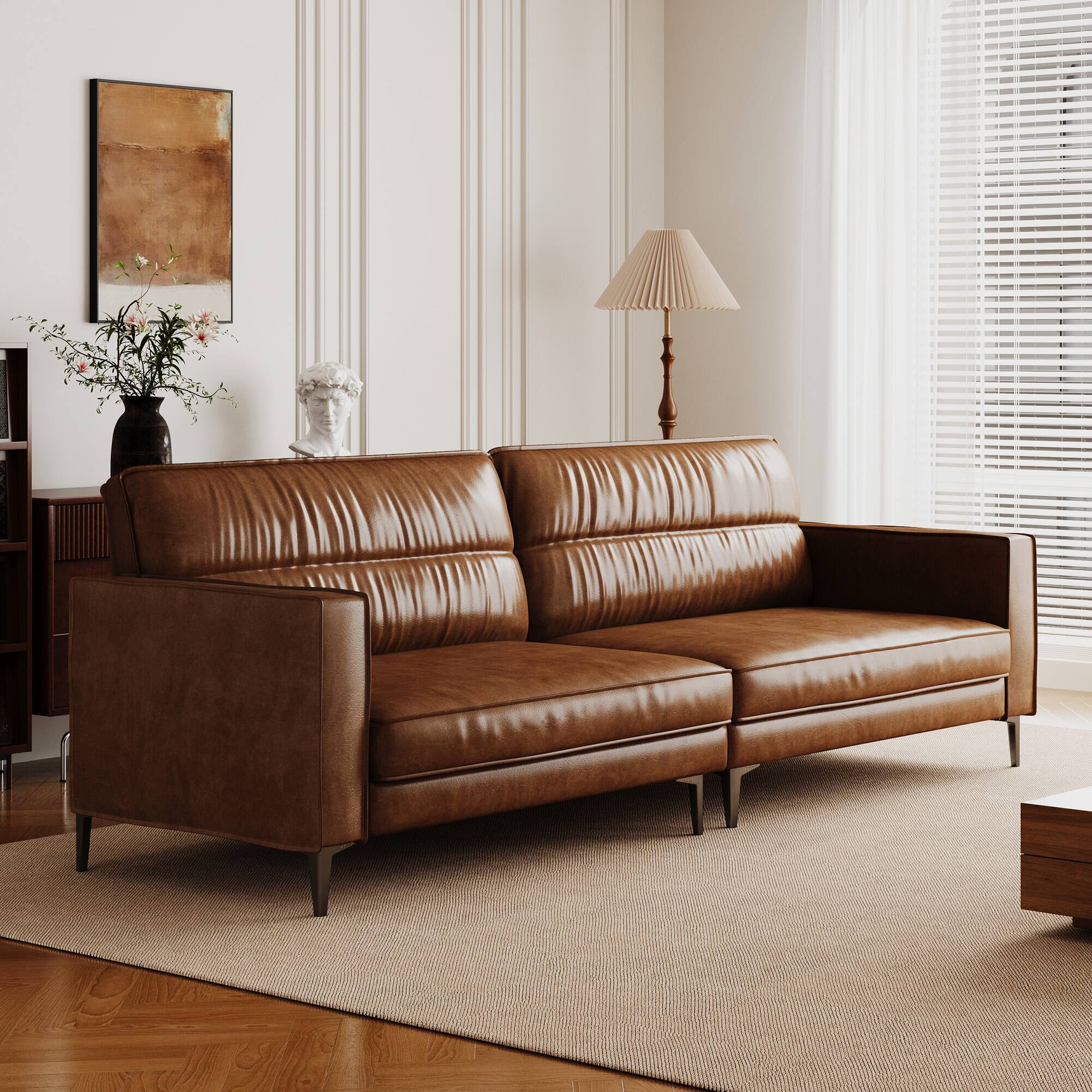 Angle. luck idea - Mid-Century Modern Oil-Wax Leather Sectional Sofa, Couch,Solid Wood Frame, High-Density Foam Cushions, Metal Legs - Brown.