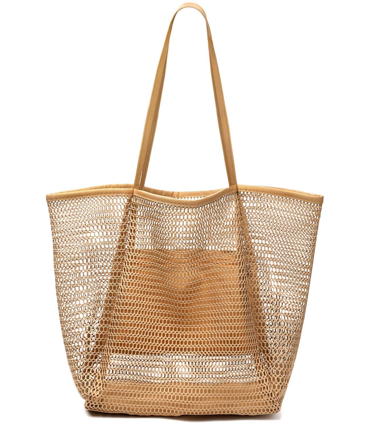 Front. DORLUKFU - Hatisan Upgraded Mesh Tote Hobo Bag: Women's Beach Accessories - Kakhi.