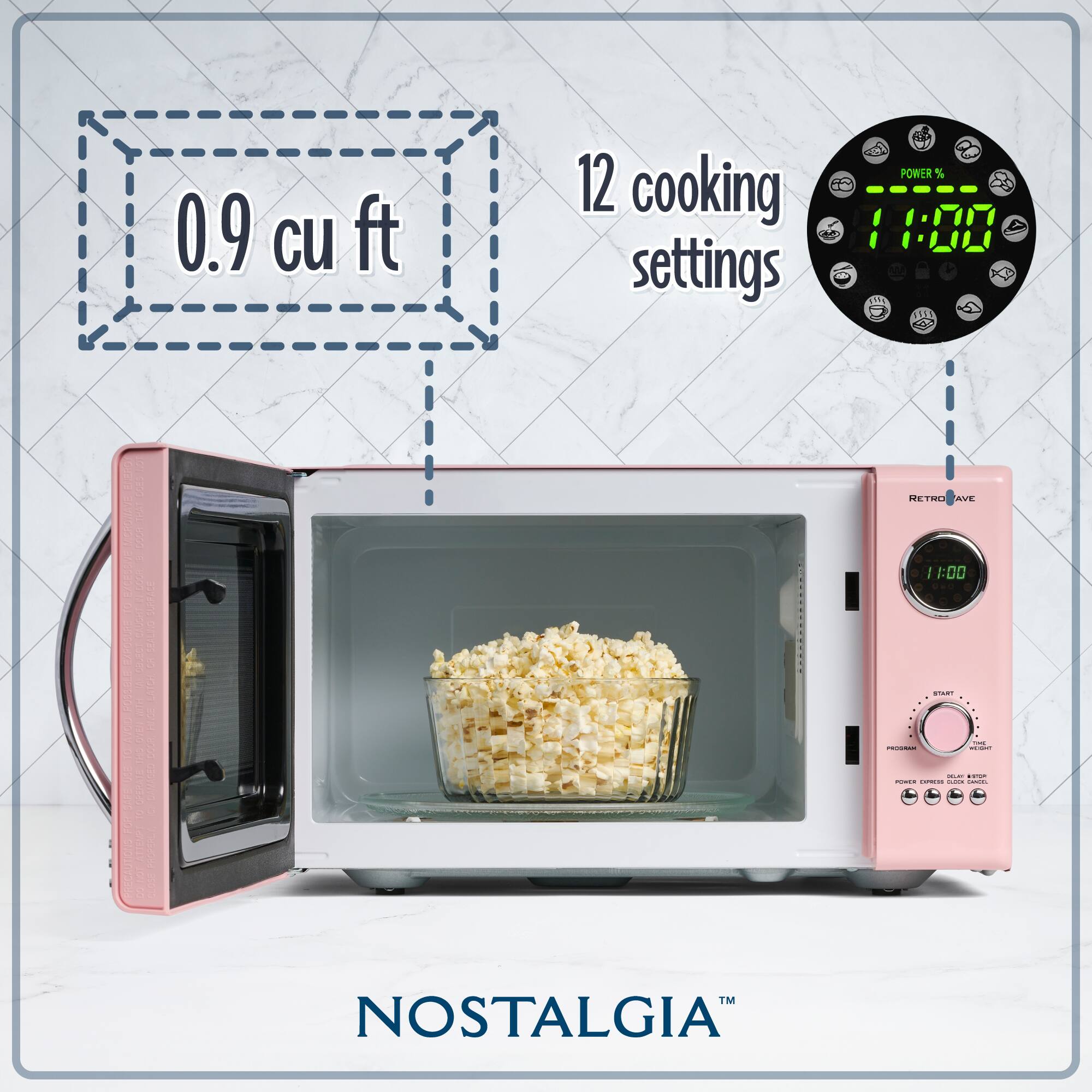 0.9 cu ft  
12 cooking settings  
POWER % 11:00  
RETRO AVE  
NOSTALGIA™