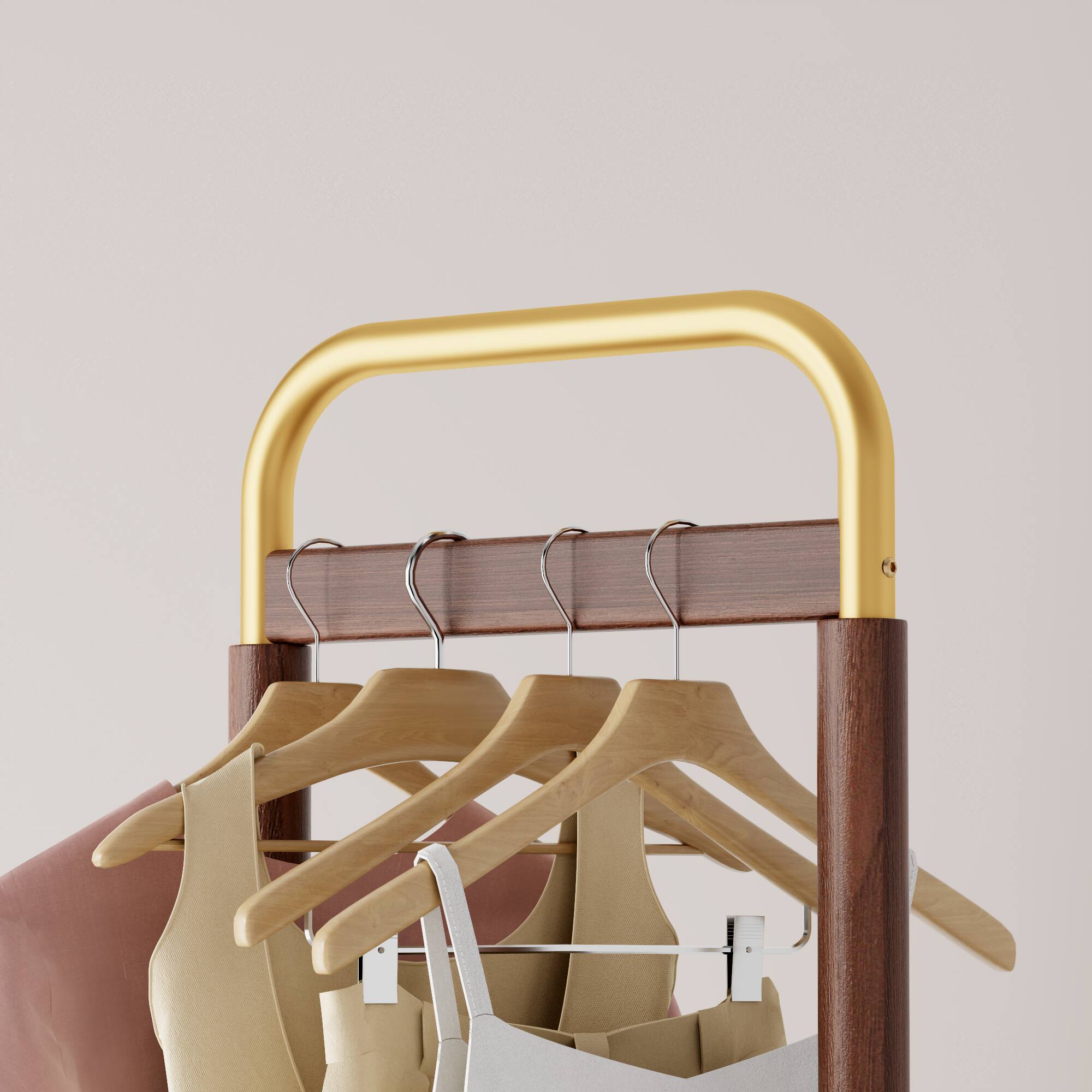 Back. MERAVOM - Solid Wood Coat Rack Freestanding, Rolling Clothes Rack with 2 Hooks & Shelves, Clothing Rack with Wheels for Bedroom - Walnut.