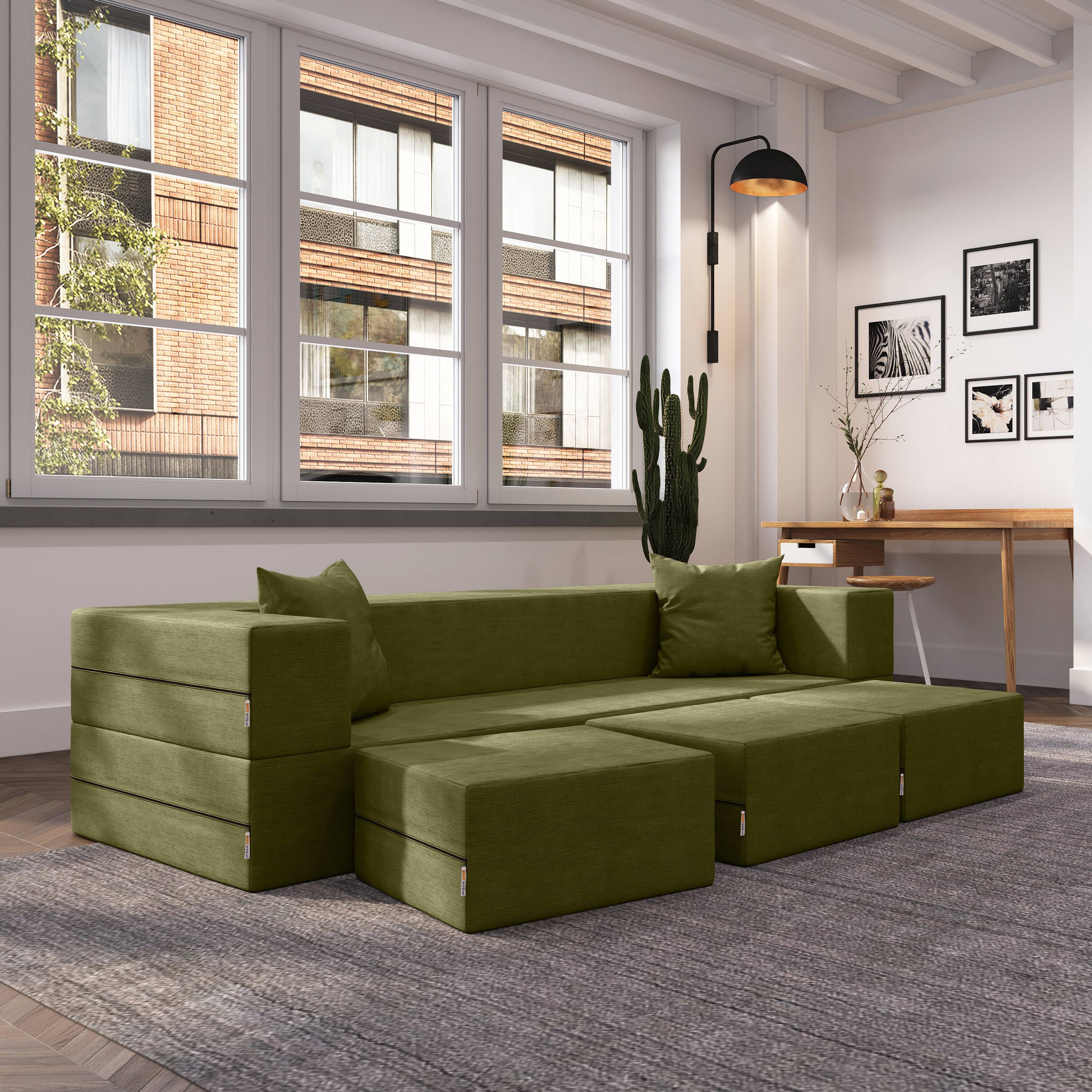 Left. Jaxx - Jaxx Zipline Convertible Sleeper Sofa & Three Ottomans/California King-Size Bed, Moss - Moss.